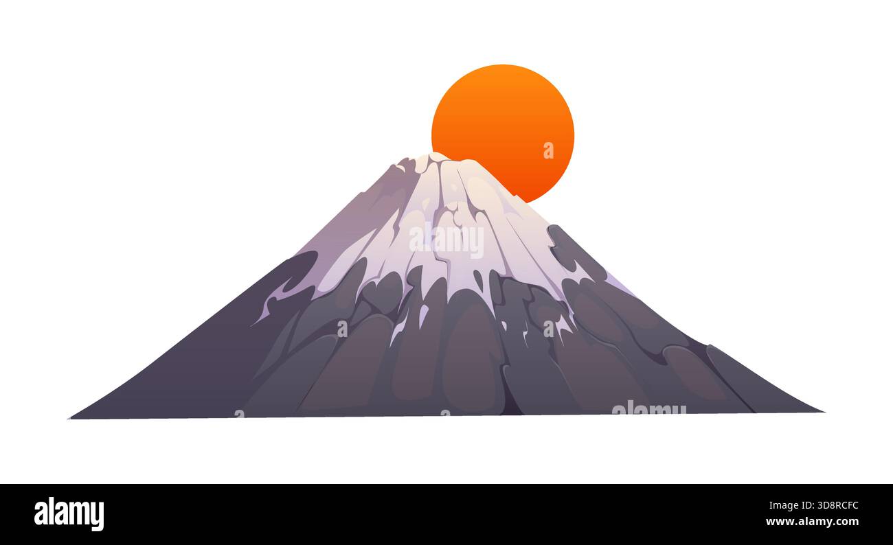 Bande dessinée japonaise Fuji montagne avec un soleil orange Illustration de Vecteur