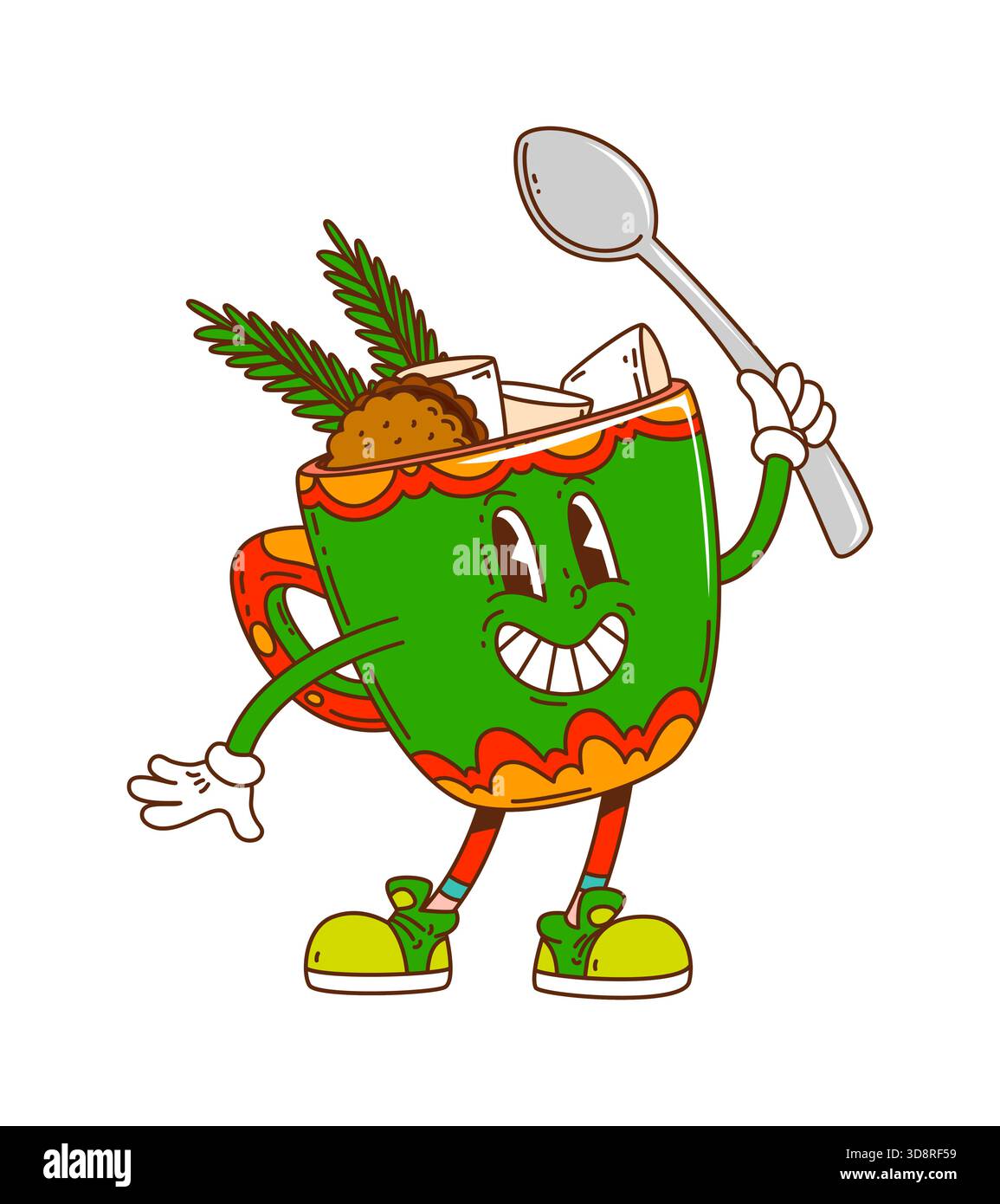 Mascotte de chocolat chaud groovy dans une tasse verte Illustration de Vecteur