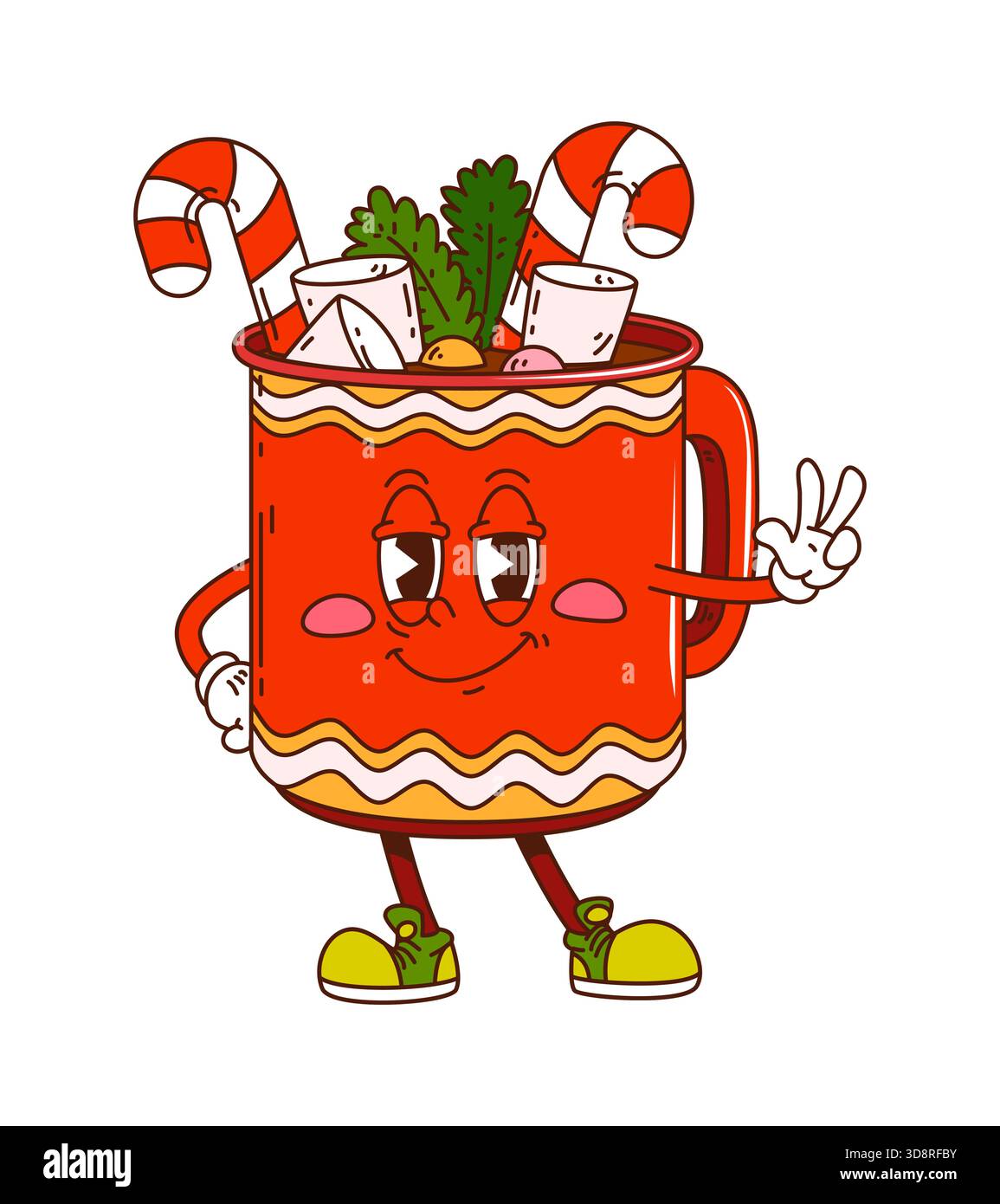 Groovy personnage de chocolat chaud de Noël dans la tasse Illustration de Vecteur