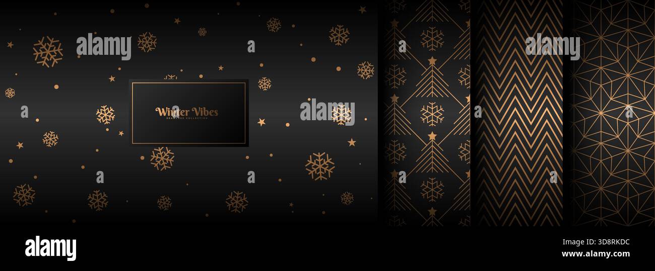 Ensemble de motif d'or d'hiver de Noël noir sans couture vecteur. Chute de neige de luxe, arbre de Noël linéaire, zig zag, papier d'emballage étoile linéaire, page web sans fin Illustration de Vecteur