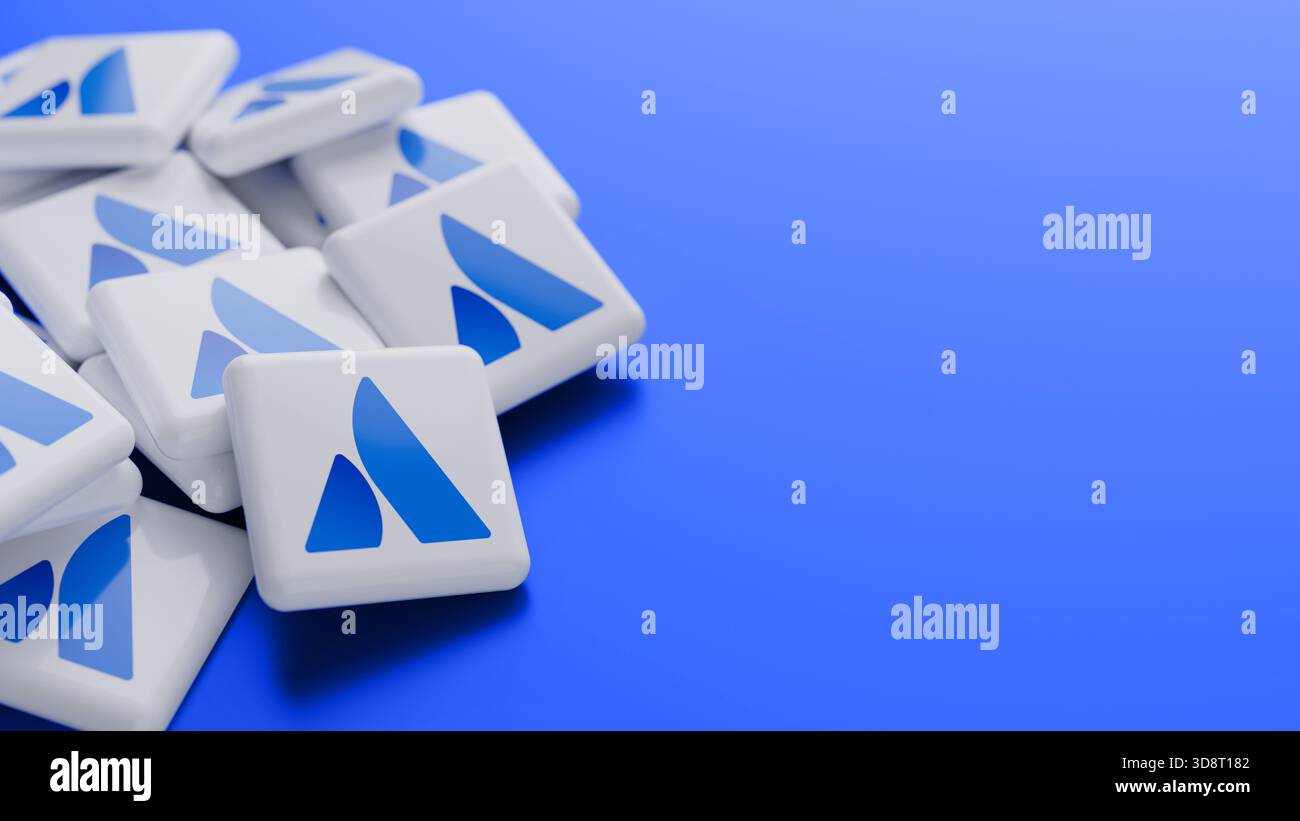 Gros plan du logo de la société Atlassian Software sur une pile sur fond bleu avec espace de copie comme en-tête de bannière Web Banque D'Images