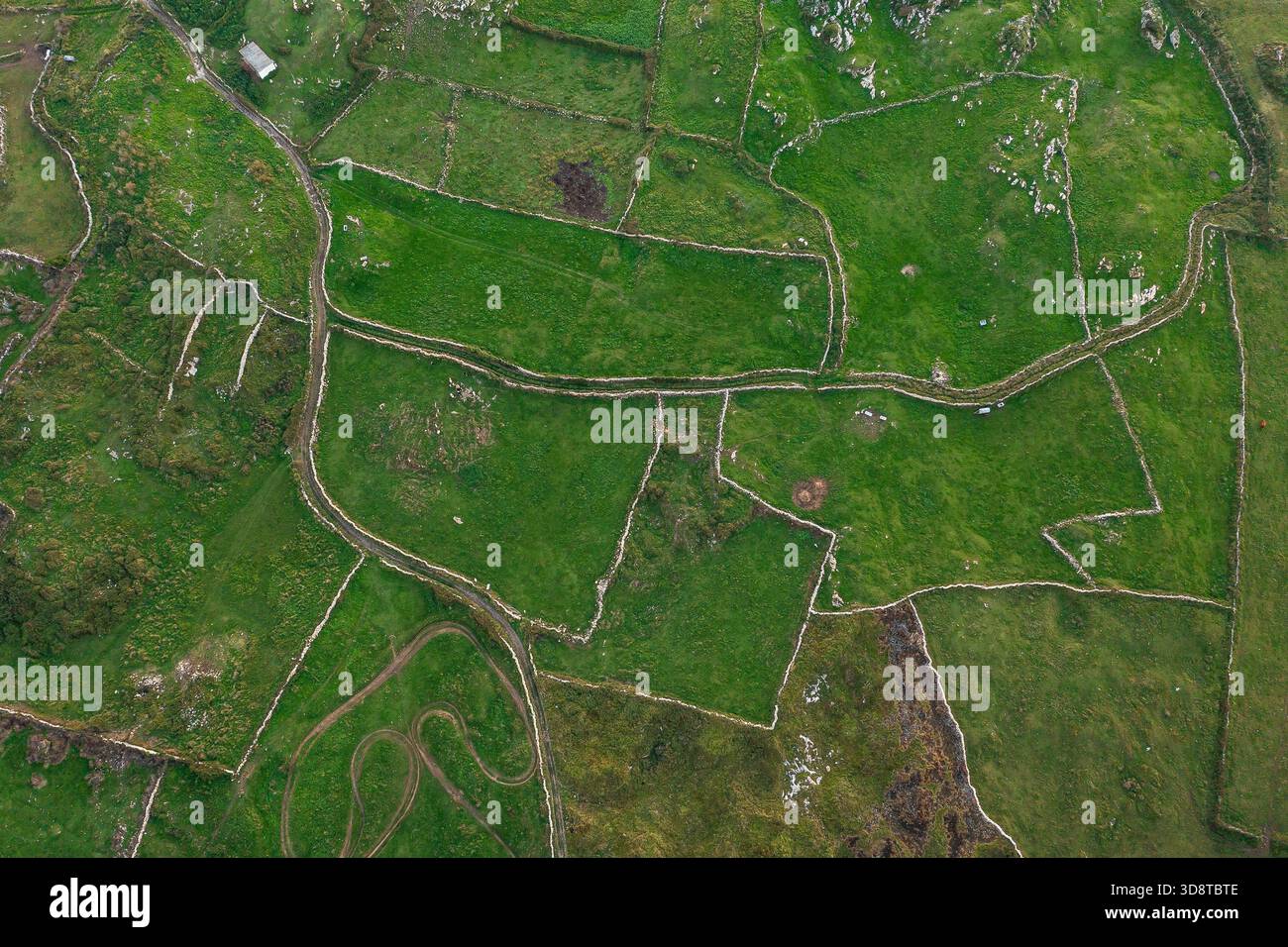 Drone vue sur le paysage côtier verdoyant dans le nord de l'Espagne avec des terres agricoles en terrasses et des falaises pittoresques. Voyage intéressant en Espagne. Banque D'Images