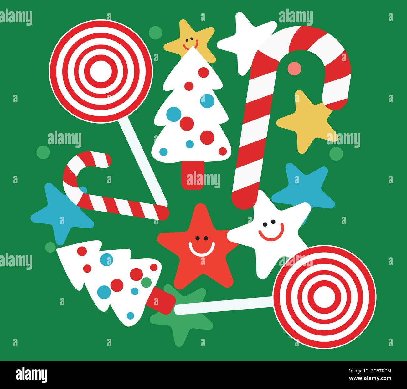 Bonbons festifs rayés rouges et blancs avec sucettes tourbillonnantes bonbons en forme de coeur et éléments de confiserie étoilés disposés dans un vect saisonnier lumineux Illustration de Vecteur