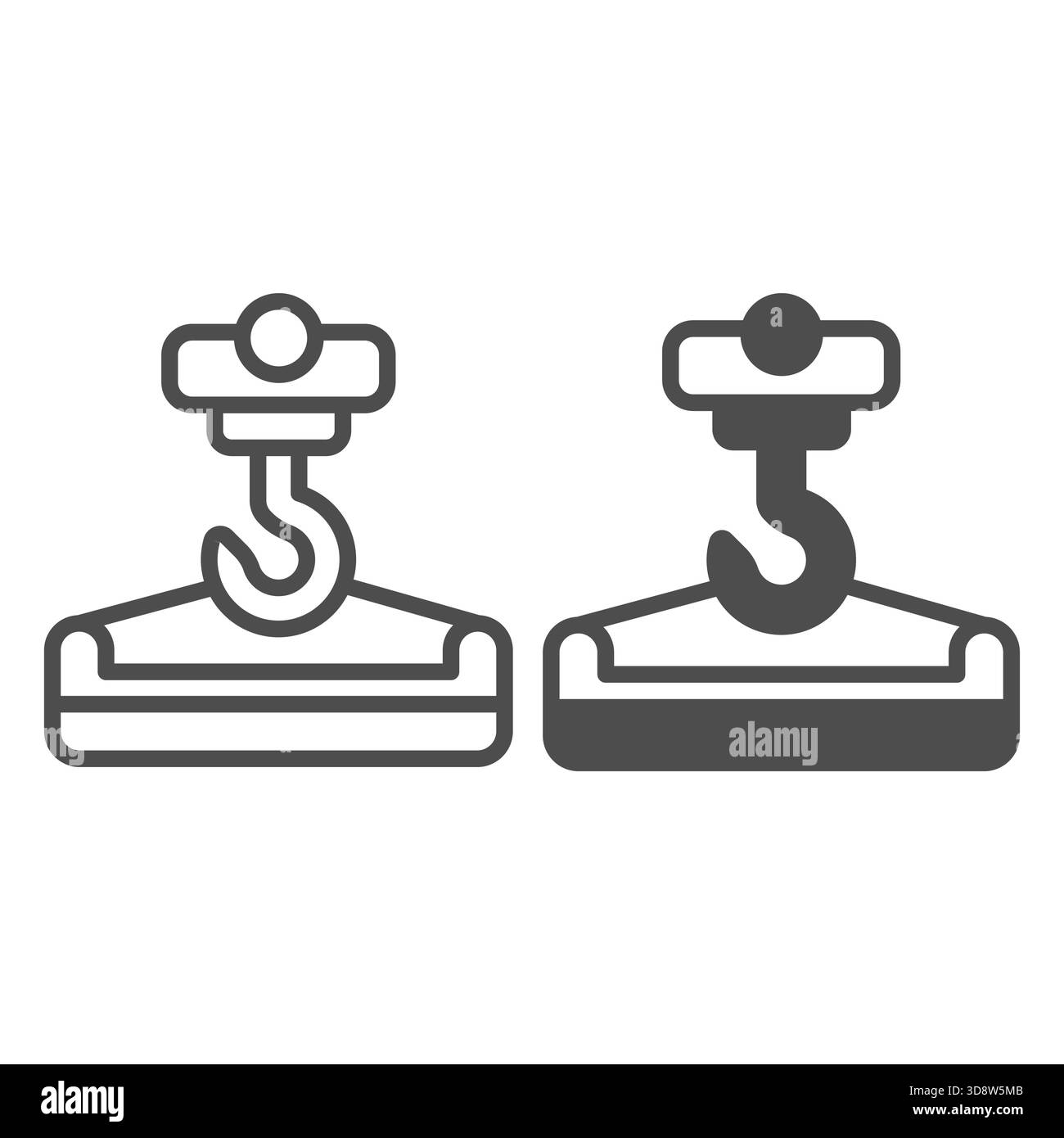 Crochet de grue avec ligne de panier de ciment et icône solide, concept de construction. Graphiques vectoriels. Signe de seau de ciment élevant sur fond blanc, icône de style Illustration de Vecteur