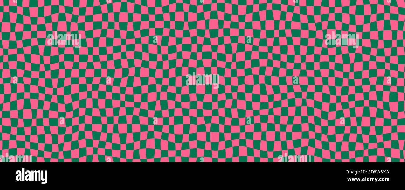 Fond de motif groovy avec des vagues de damier roses et vertes dans un style rétro. Fond à carreaux avec carrés déformés et flux lisse. Vecteur Illustration de Vecteur