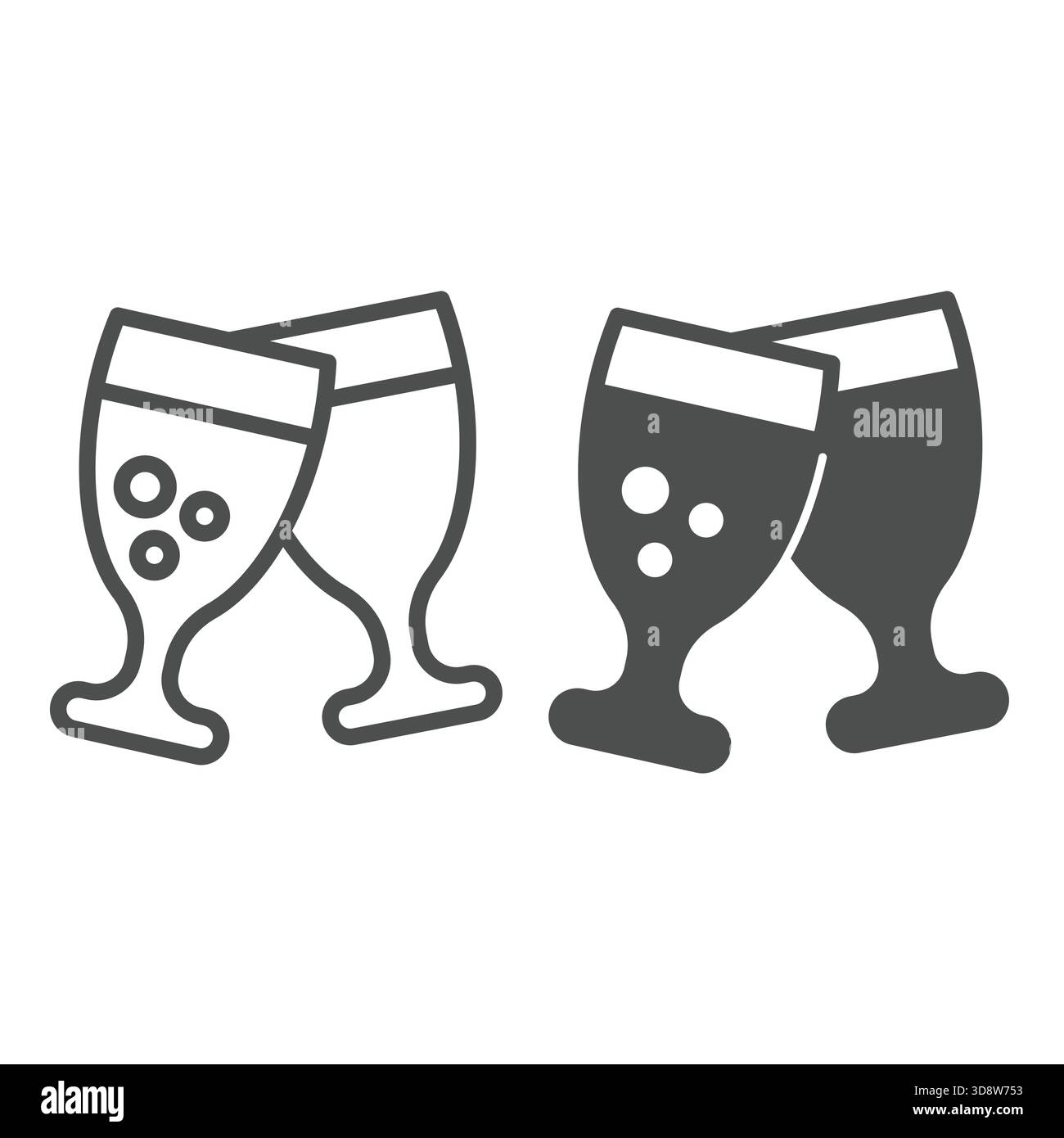 Verres de ligne de boisson de champagne et icône solide, concept de joyeux noël. Graphiques vectoriels. Verres à champagne clink signe sur fond blanc, contour St Illustration de Vecteur