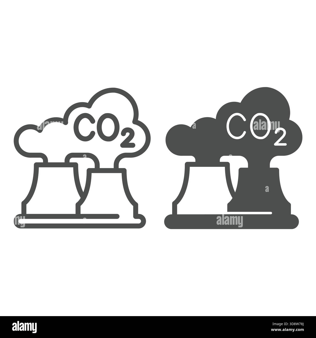 Tuyaux d'usine et ligne de nuage de dioxyde de carbone et icône solide, concept de changement climatique. Graphiques vectoriels. Nuage de smog, signe de vapeur de tuyau d'usine sur le dos blanc Illustration de Vecteur