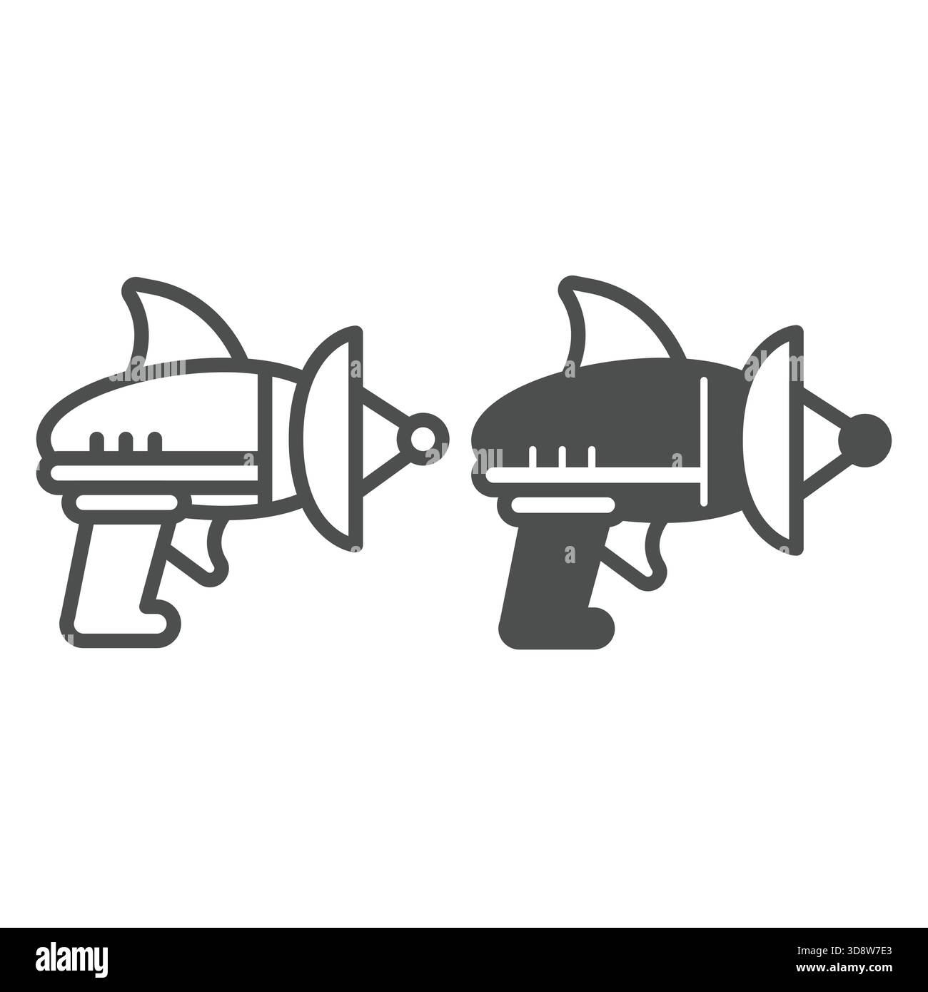 Ligne de pistolet laser et icône solide, concept cosmos. Graphiques vectoriels. Fusil blaster extraterrestre, signe d'arme sur fond blanc, icône de style de contour pour mobile ou Illustration de Vecteur