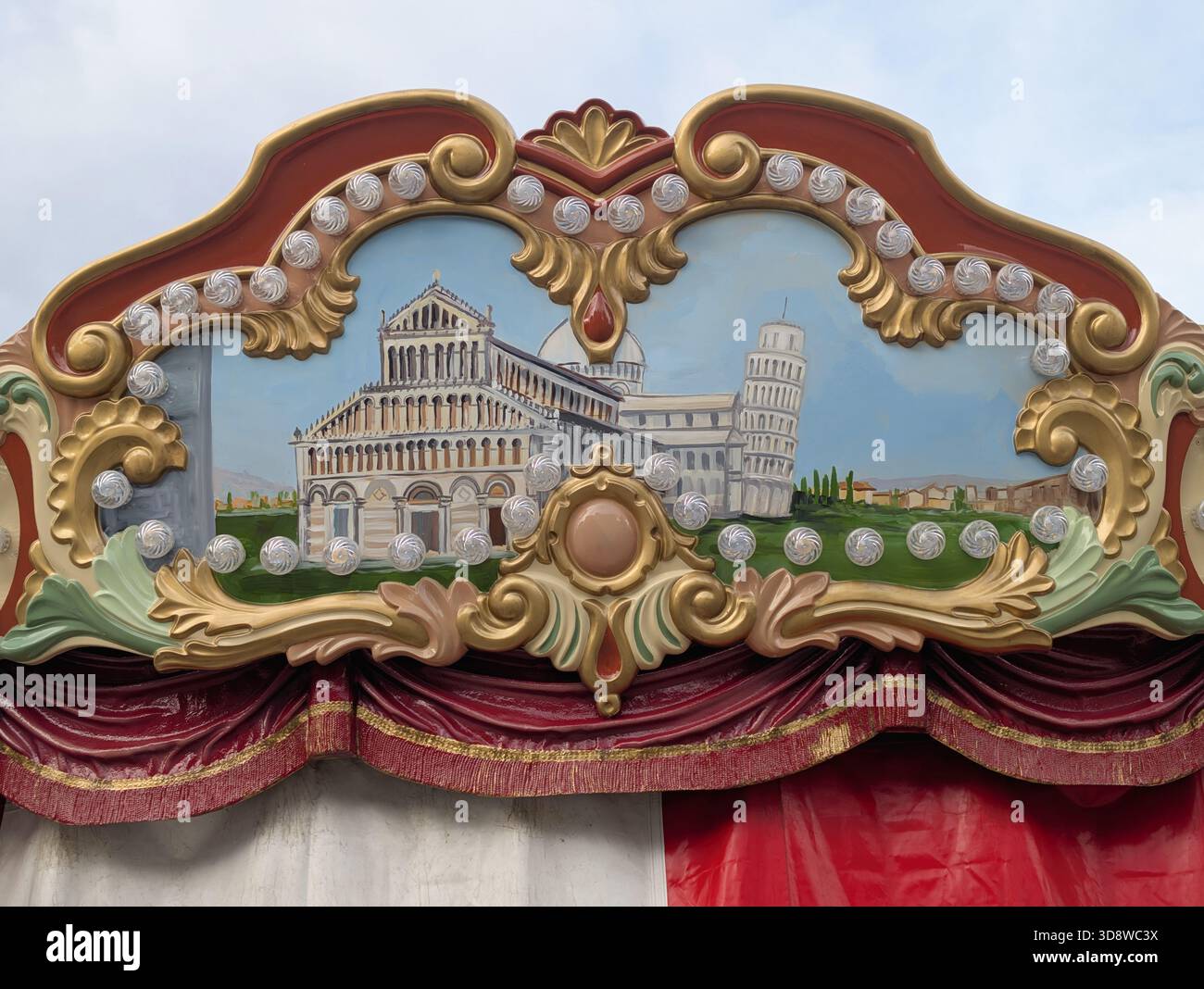 Cathédrale et tour de Pise peintes sur un panneau décoré dans un parc d'attractions. Banque D'Images