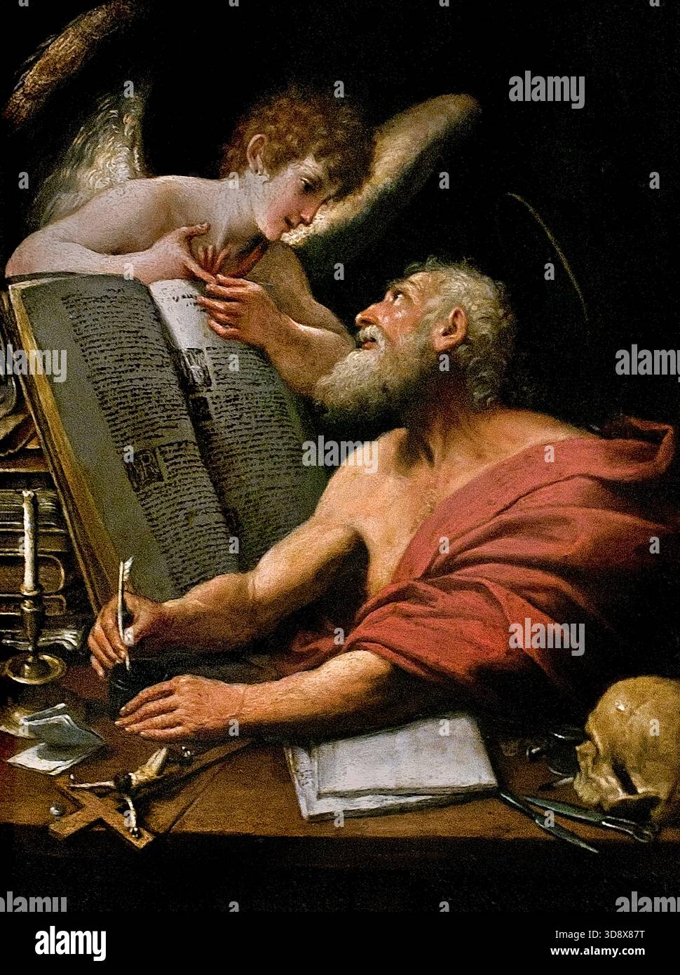 Saint Jérôme du peintre inconnu Bolognese, 17ème siècle, Italie, Pinakothèque italienne, Munich, Allemagne, ( Jérôme de Stridon, était un prêtre chrétien précoce, confesseur, théologien, traducteur et historien; il est communément connu sous le nom de Saint Jérôme. ) Banque D'Images