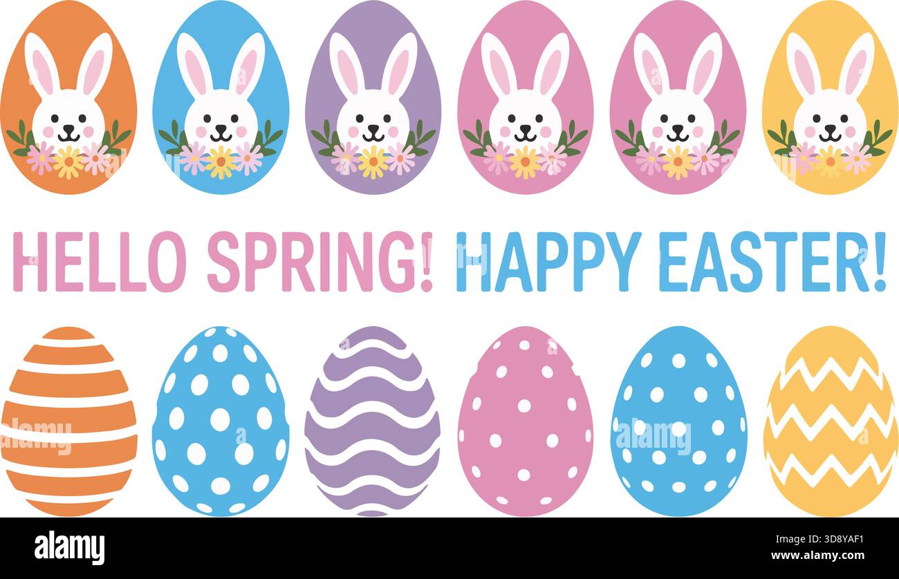 Motif joyeux représentant des œufs de Pâques colorés et des visages de lapin joyeux avec le message « HELLO SPRING ! JOYEUSES PÂQUES ! Illustration de Vecteur