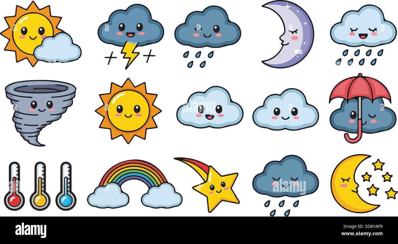 Un ensemble vectoriel mignon d'icônes météo de bande dessinée avec des éléments ensoleillés, pluvieux, orageux et enneigés, plus un arc-en-ciel, lune, et thermomètre. Illustration de Vecteur