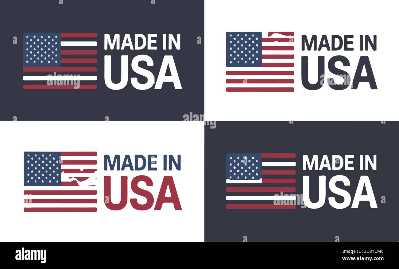 Un ensemble de badges vectoriels montrant le drapeau américain et la phrase 'MADE IN USA' dans quatre couleurs différentes et variations de fond. Illustration de Vecteur