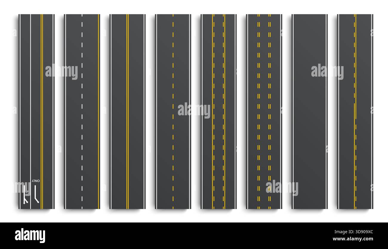 Vue de dessus réaliste des segments d'autoroute et de route vectorielle asphaltée avec des lignes pointillées, pleines et doubles et des flèches directionnelles. Carte, interface de jeu, leçons de conduite, segments routiers d'éducation à la circulation Illustration de Vecteur