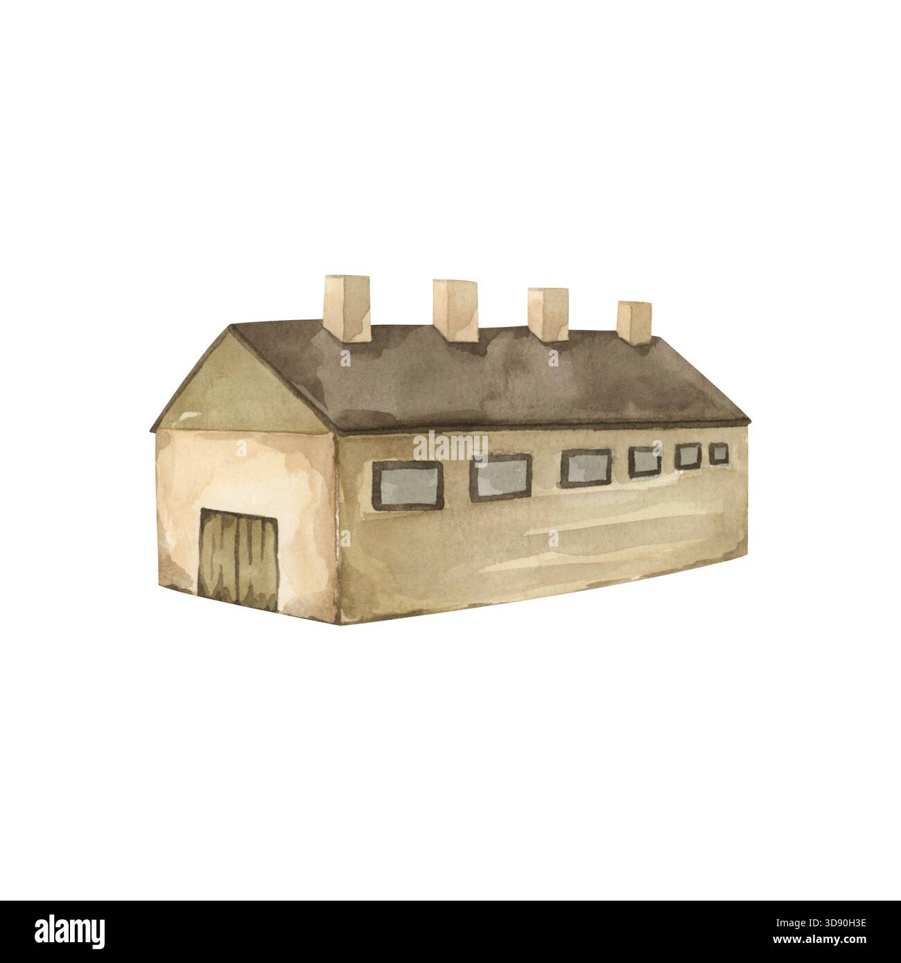 Bâtiment pour vaches. Cowshed. Grange. Dessiné à la main à l'aquarelle. Banque D'Images
