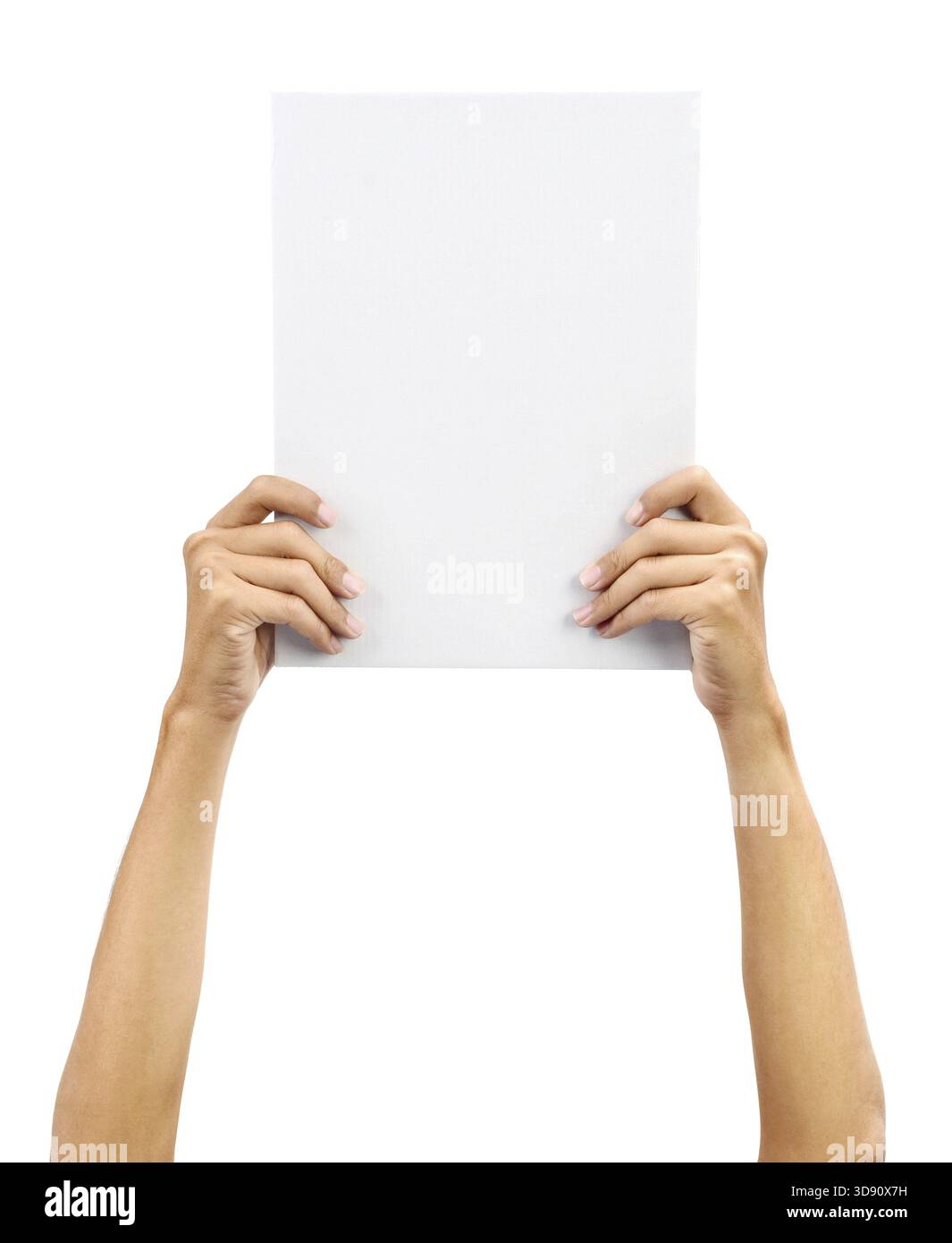 Mains tenant le carton blanc blanc de format A4, isolé sur fond Uni Banque D'Images