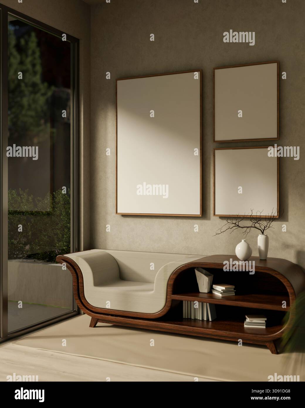 Cadres blancs sur le mur du salon au-dessus d'une table multi-fonction créative avec fauteuil sur plancher en bois à côté du mur de verre. Rendu 3D, illustration 3D. Banque D'Images