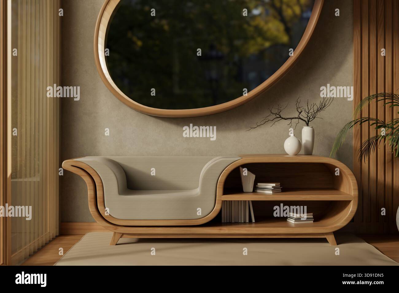 Fenêtre de forme ovale sur le mur du salon au-dessus d'un fauteuil de table de bibliothèque multifonction sur plancher en bois à côté de la porte vitrée. Rendu 3D, illustration 3D. Banque D'Images