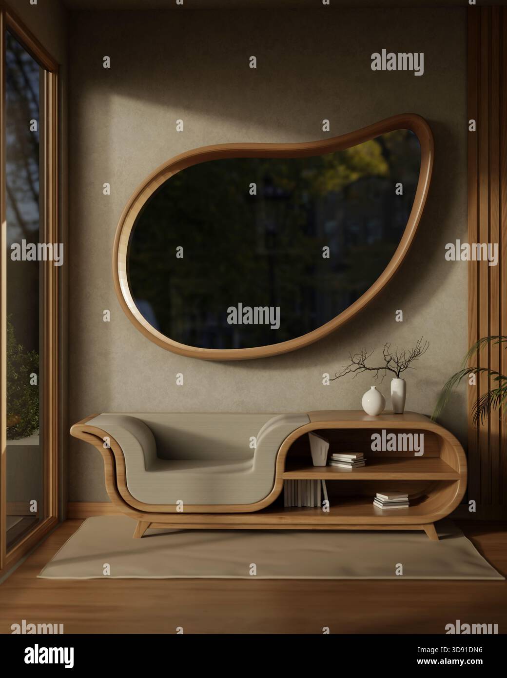 Fenêtre en forme de goutte d'eau sur le mur du salon au-dessus du fauteuil de table d'étagère multifonction sur plancher de bois près de la porte vitrée. Rendu 3D, illustration 3D. Banque D'Images
