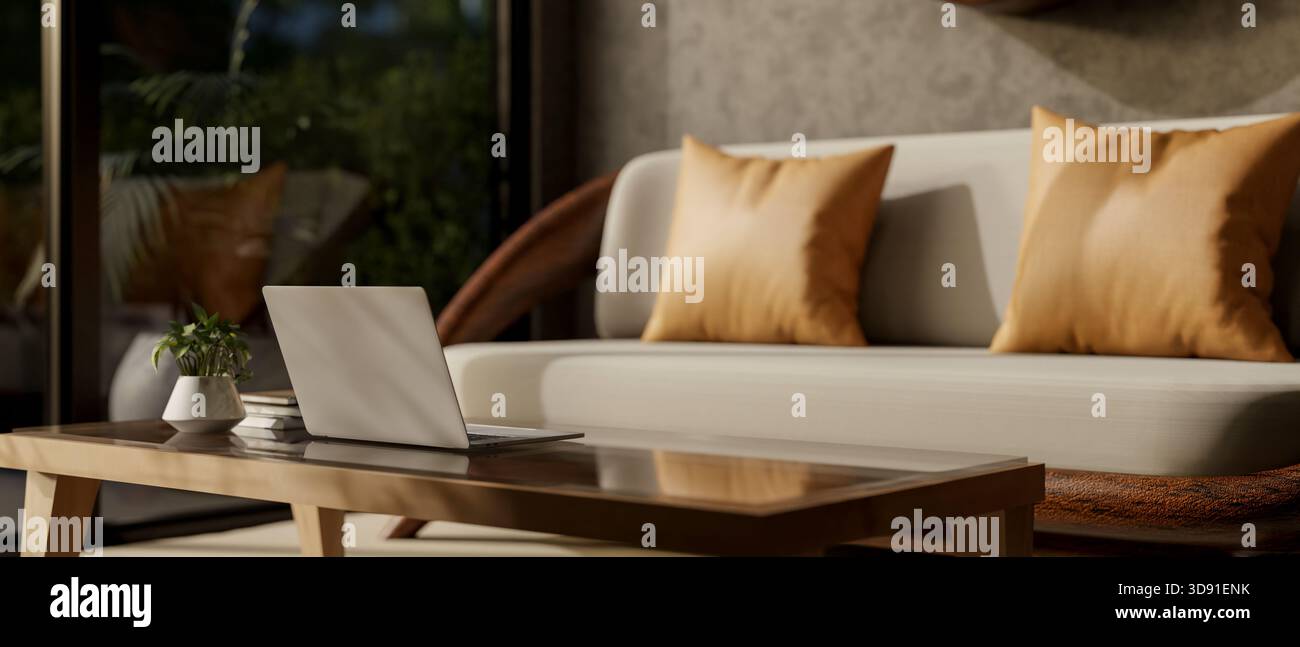 Ordinateur portable sur table en bois devant un canapé coussin ou fauteuil dans un salon avec porte vitrée la nuit. Intérieur de la maison, rendu 3D, illustration 3D. Banque D'Images