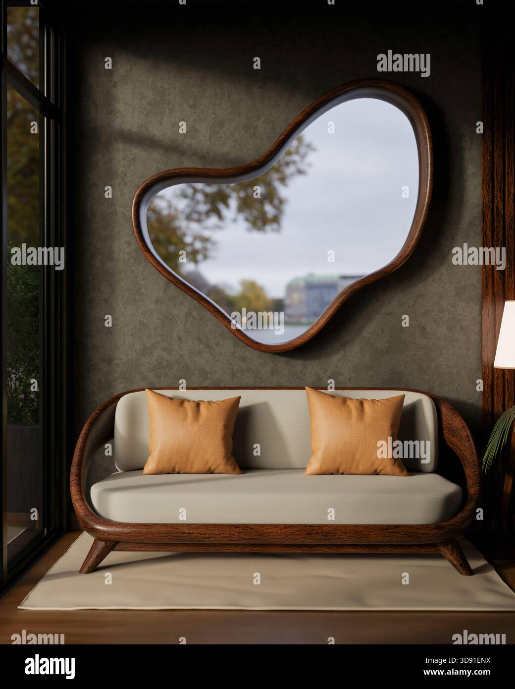 Trou de fenêtre de forme irrégulière sur le mur du salon sur un canapé en bois ou un fauteuil avec des coussins sur la moquette près de la porte vitrée. Rendu 3D, illustration 3D. Banque D'Images