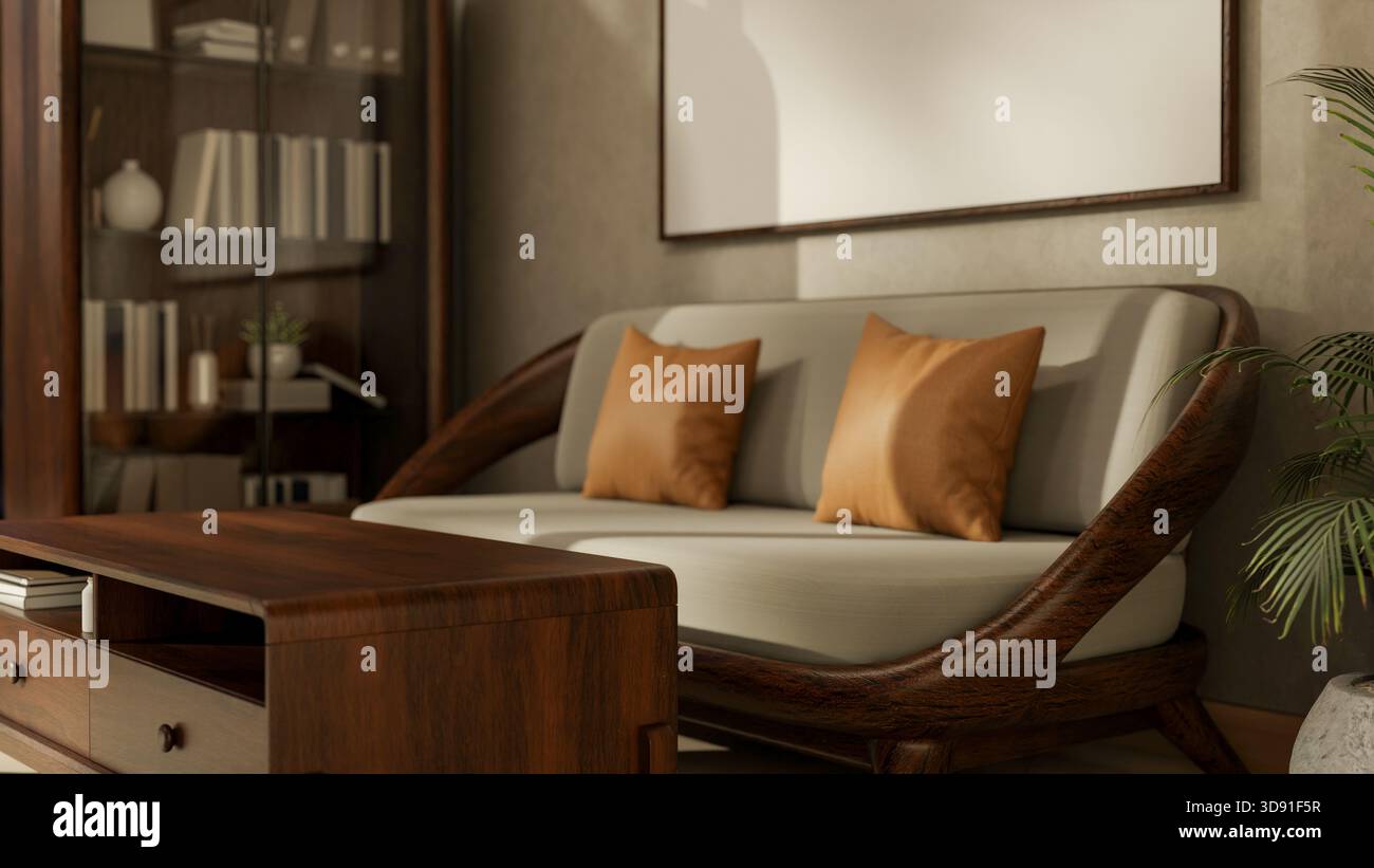 Table en bois devant un canapé ou un fauteuil avec des coussins à côté de l'armoire à porte vitrée dans le salon confortable. Intérieur de la maison, rendu 3D, illustration 3D. Banque D'Images