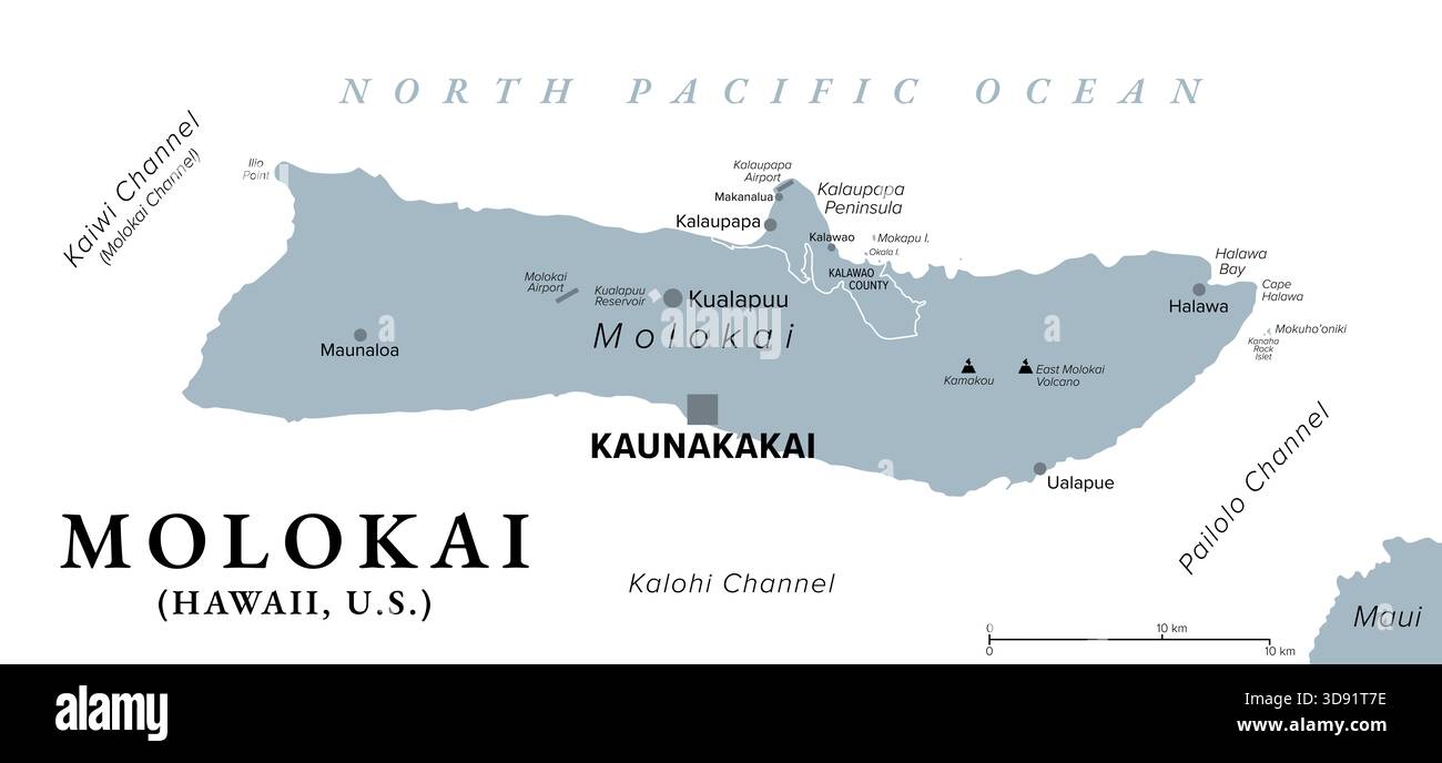 Molokai, Hawaï, carte politique grise avec la plus grande ville Kaunakakai. Partie des îles hawaïennes et 5ème plus grande île de l'état d'Hawaï. Banque D'Images