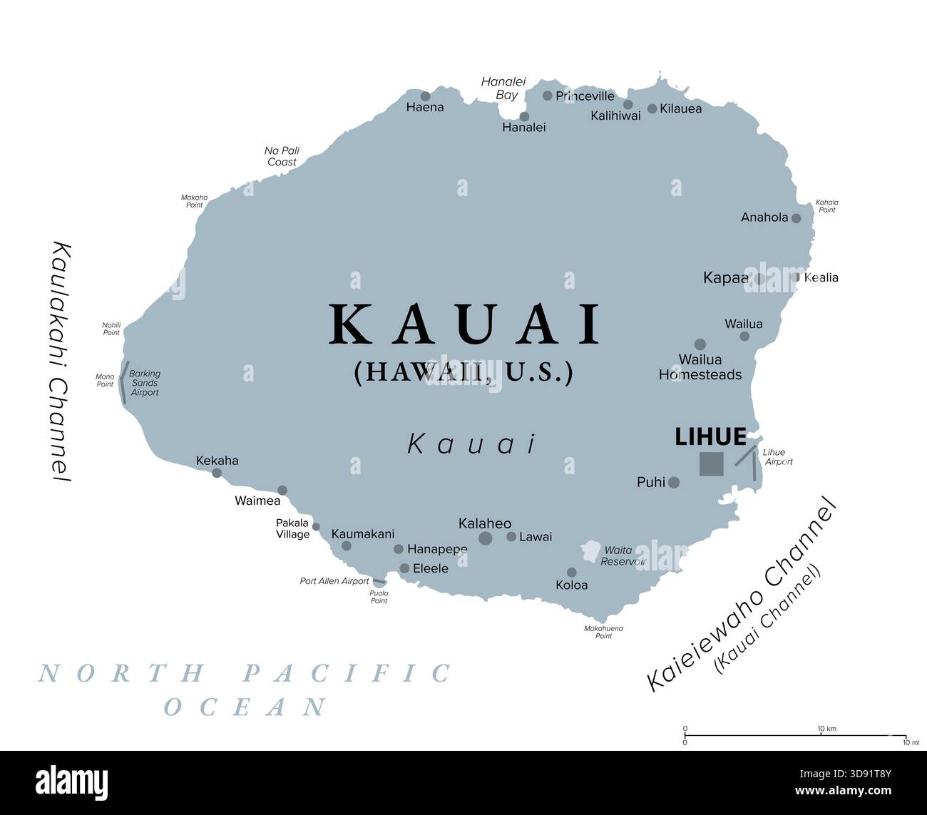 Kauai, l'une des principales îles hawaïennes, États-Unis, carte politique grise, avec la capitale Lihue. 4ème plus grande île de l'état d'Hawaï. Banque D'Images