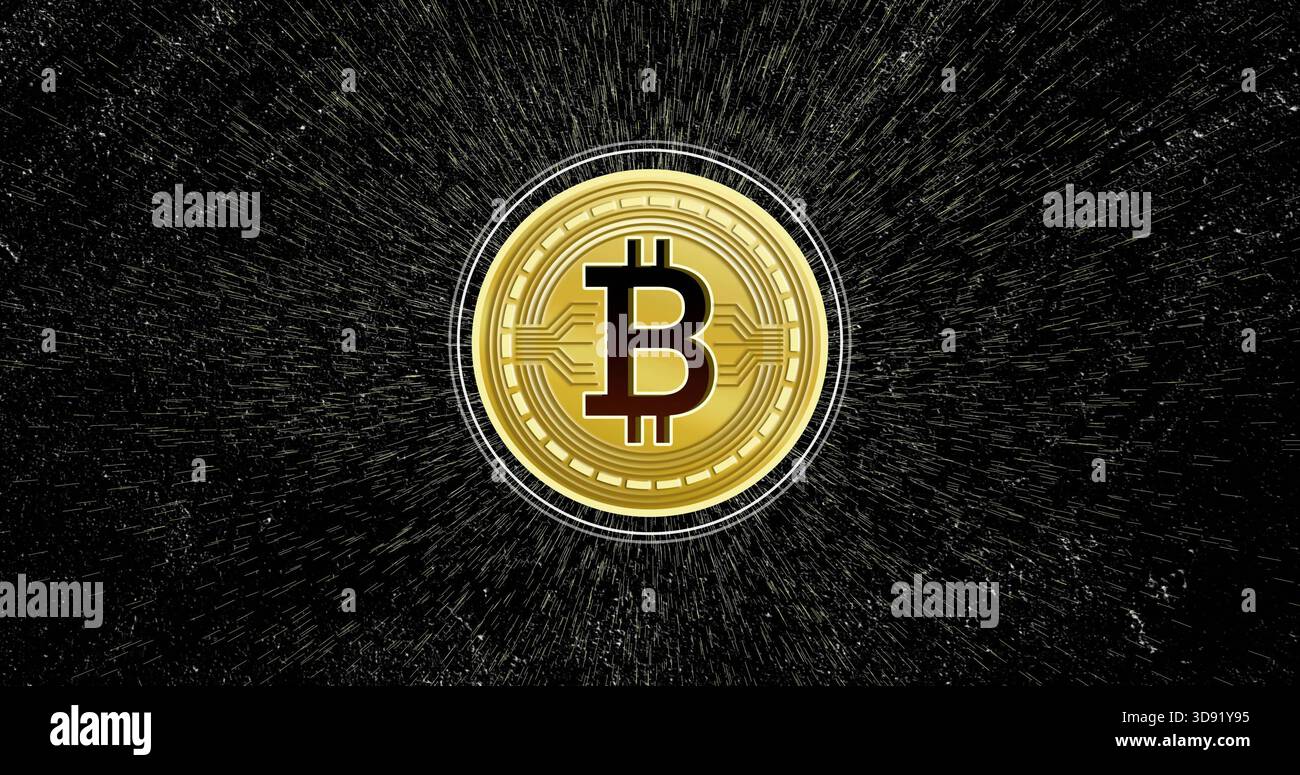 Montrant une pièce de monnaie Bitcoin dorée brillante sur un champ de rafale sombre, avec des anneaux de circuit, B gras, halo, taches Banque D'Images