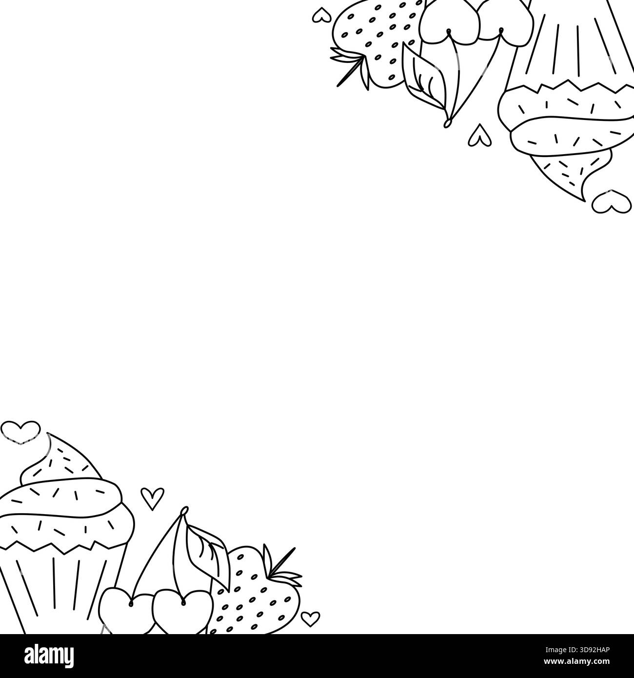 Cupcakes et muffins à la cerise et à la fraise cadre carré Saint-Valentin. Illustration en noir et blanc de la ligne graphique vectorielle. Graphiques de cadre de boulangerie, Illustration de Vecteur
