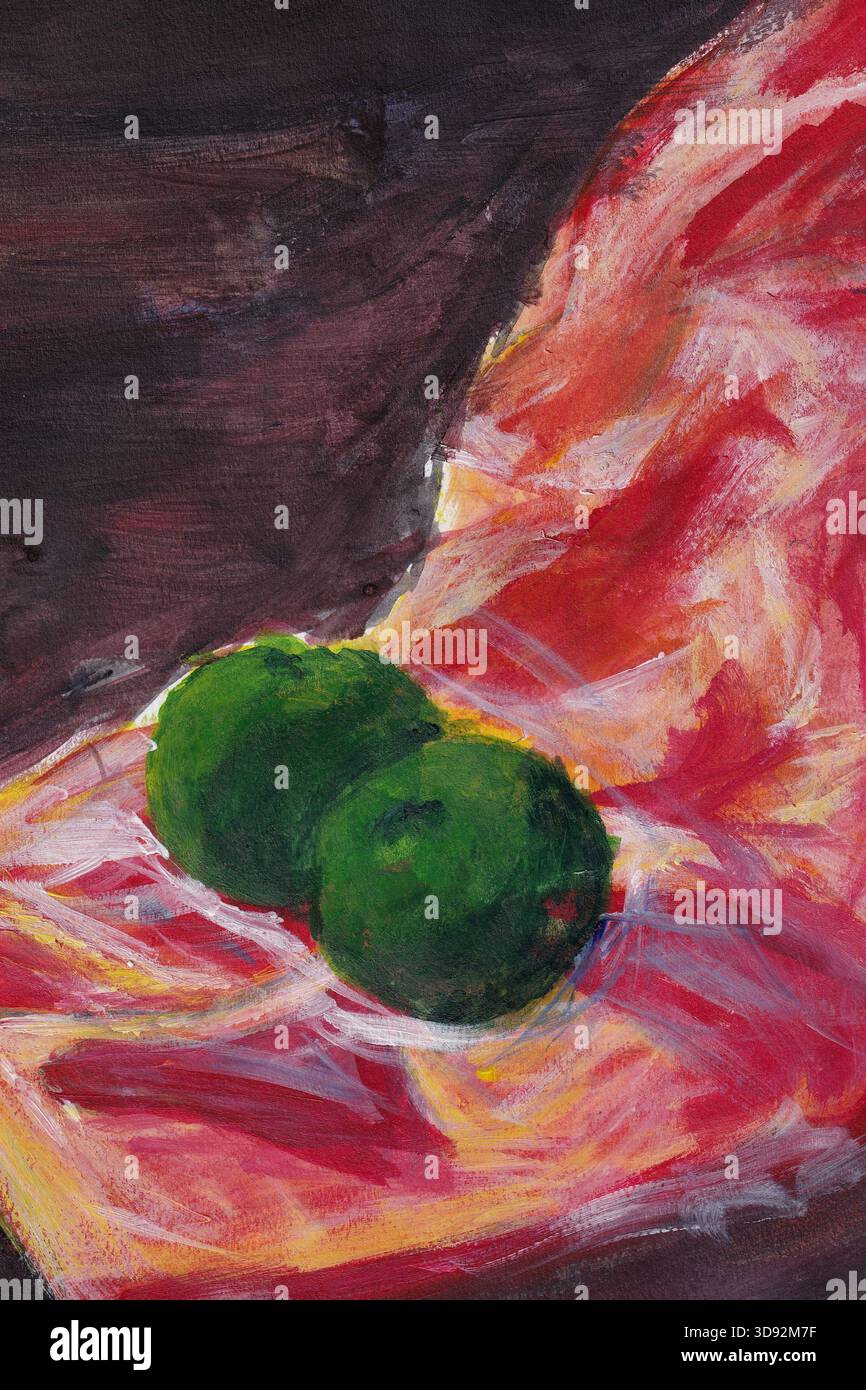 Peinture acrylique de fruit de citron vert sur un morceau de tissu peint dans un style abstrait. Banque D'Images