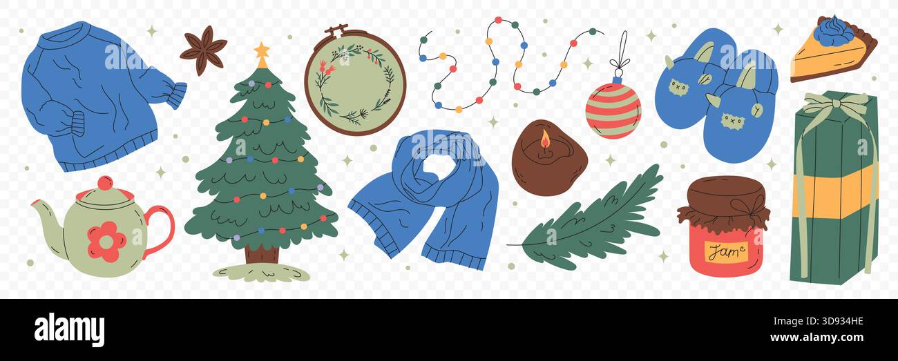 Ensemble plat confortable dessiné à la main de Noël Illustration de Vecteur