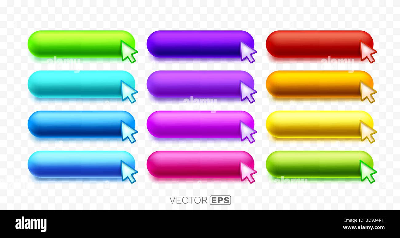 Boutons Web colorés 3D brillants avec curseurs de souris. Un ensemble d'éléments d'interface utilisateur dynamiques pour un design moderne. Illustration vectorielle Illustration de Vecteur