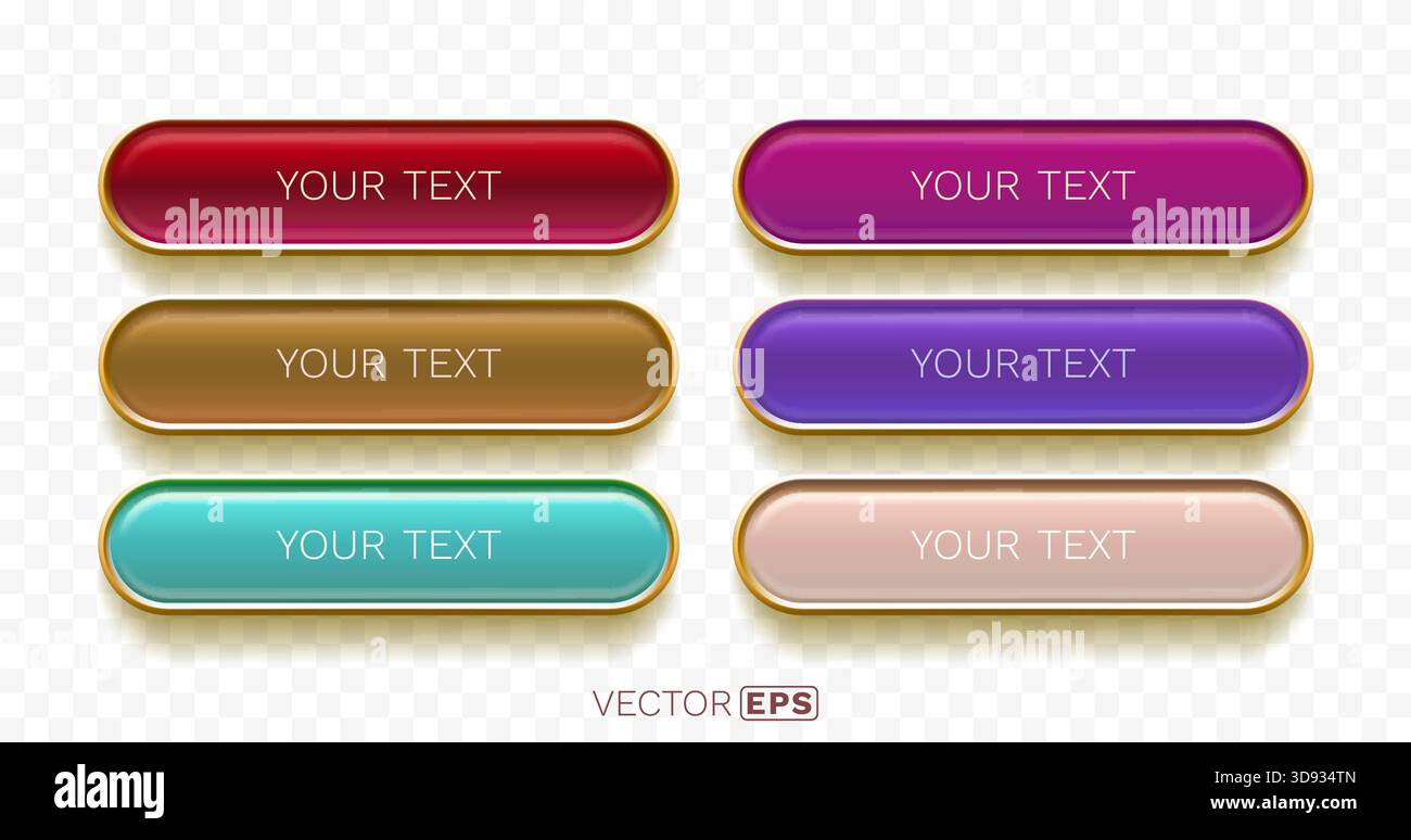 Ensemble de boutons Web brillants et colorés avec des bordures dorées, idéal pour la conception d'interface utilisateur. Illustration vectorielle Illustration de Vecteur