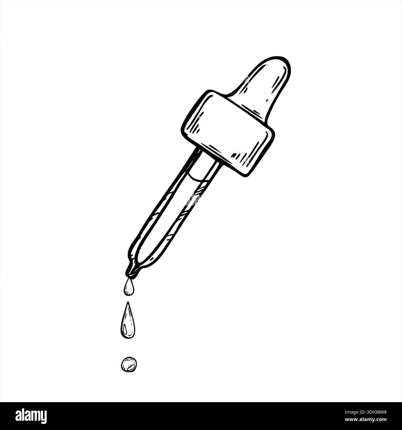Pipette monochrome avec gouttes d'huile tombantes dessinées à l'encre noire art. Dessin par gravure D'ELEMENTS MEDICAUX ou COSMETIQUES dessinés a la main Illustration de Vecteur