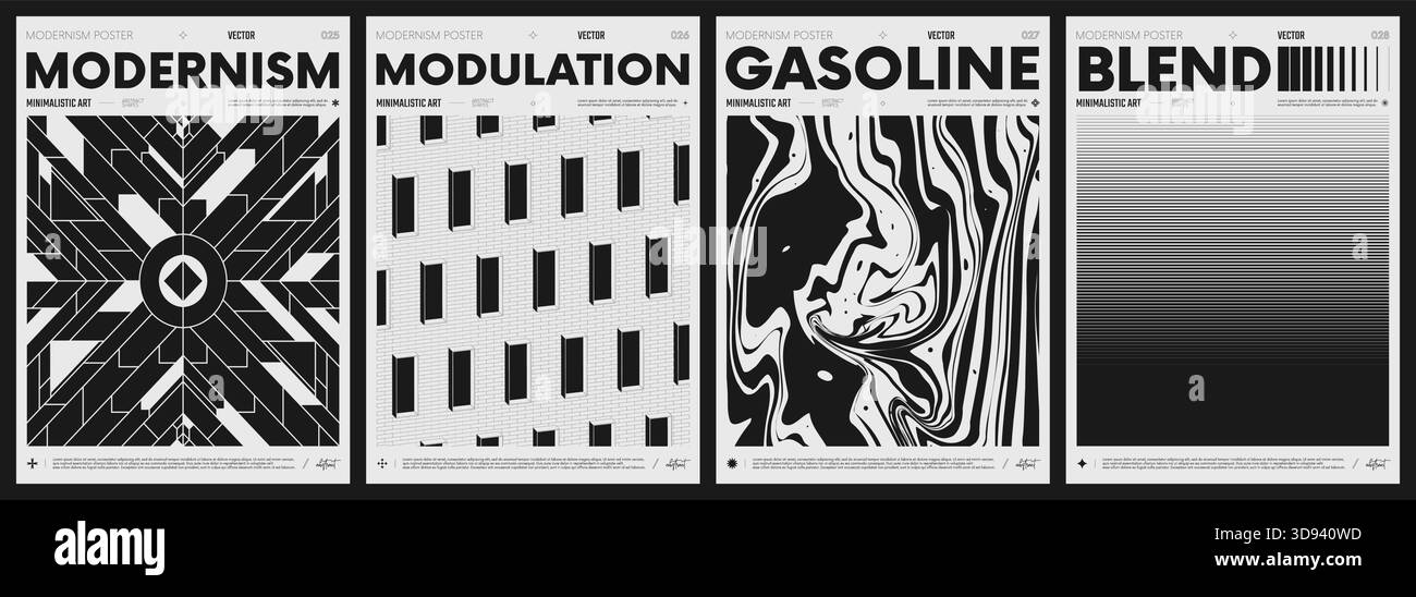 Collection d'affiches abstraites modernes, affiches minimalistes vectorielles avec des formes géométriques en noir et blanc, graphismes inspirés du style brutaliste, esthet audacieux Illustration de Vecteur