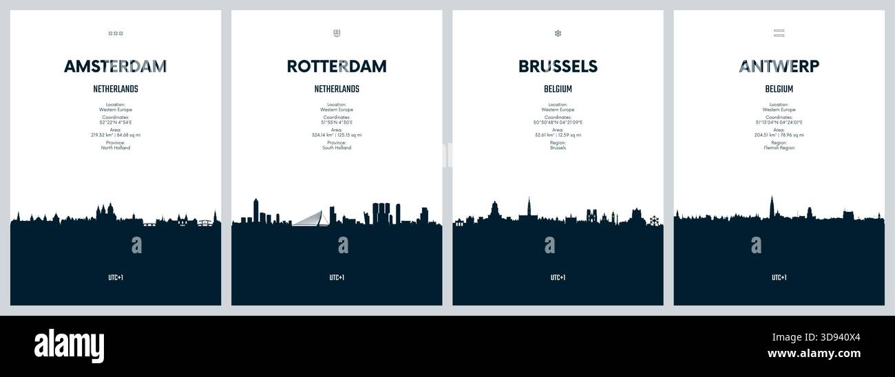 Vecteur de voyage défini avec les skylines de la ville Amsterdam, Rotterdam, Bruxelles, Anvers, illustrations graphiques minimalistes détaillées des skylines de la ville Illustration de Vecteur