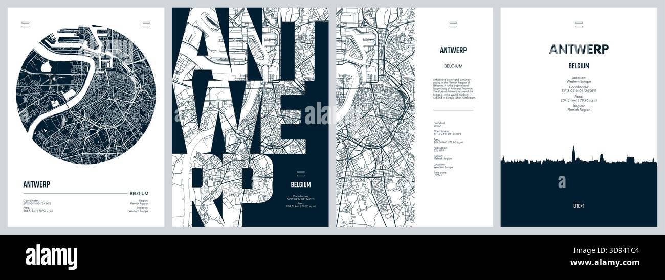 Ensemble d'affiches de voyage avec Anvers, plan de rue urbain détaillé, silhouette ville, illustration vectorielle Illustration de Vecteur
