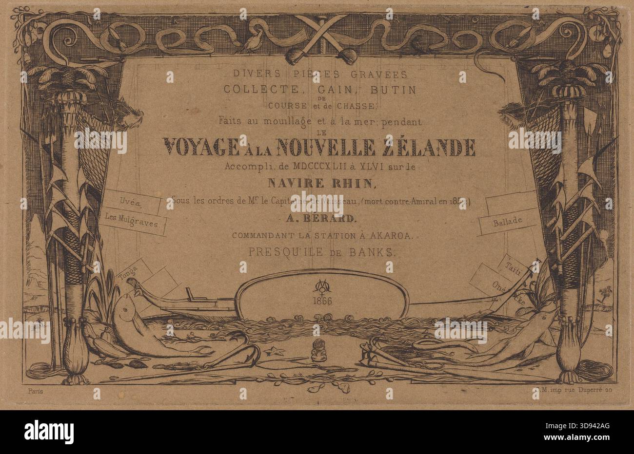 Illustration historique de la couverture de 1866 pour voyage à la Nouvelle Zélande, une page de titre gravée créée par Charles Meryon représentant des motifs maritimes, des références polynésiennes et des éléments décoratifs d'encadrement. (Couverture de l'ensemble de gravures intitulé 'A voyage to New Zealand') Banque D'Images