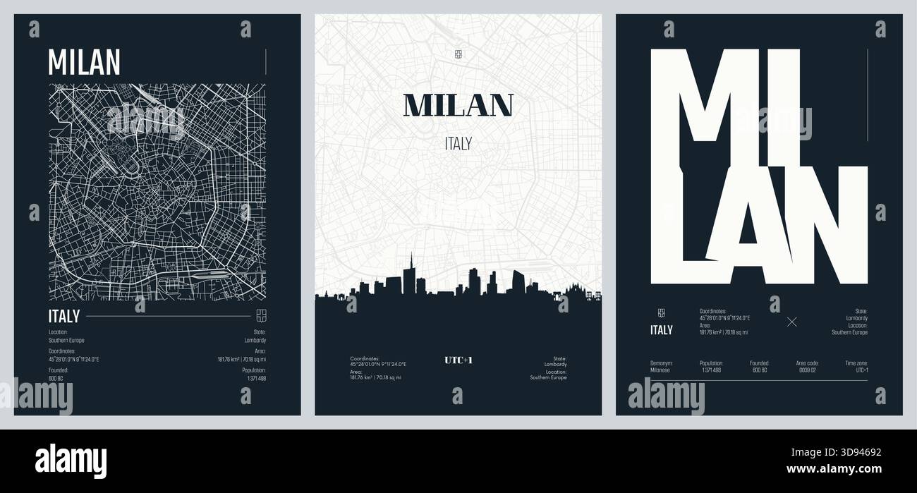 Ensemble d'affiches de voyage avec Milan, plan de rue urbain détaillé de la ville, silhouette ville, illustration vectorielle, ensemble 2 Illustration de Vecteur
