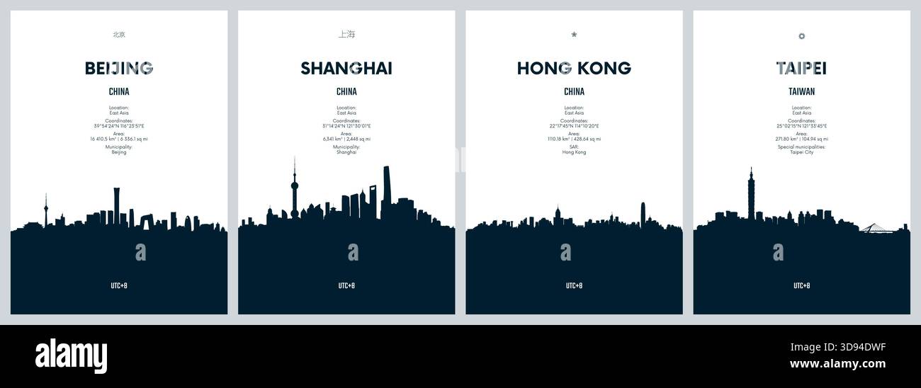 Ensemble de vecteur de voyage avec les skylines de la ville Pékin, Shanghai, Hong Kong, Taipei graphiques minimalistes détaillés des skylines de la ville Illustration de Vecteur