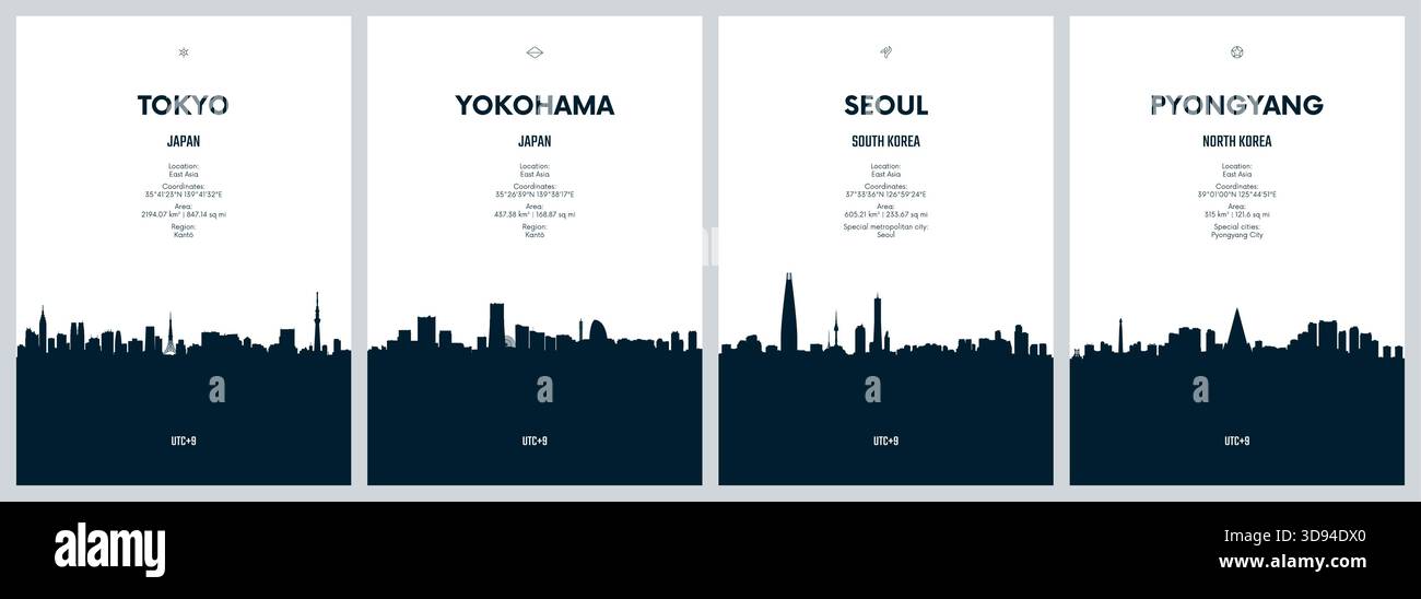 Ensemble de vecteur de voyage avec les skylines de la ville Tokyo, Yokohama, Séoul, Pyongyang graphiques minimalistes détaillés des skylines de la ville Illustration de Vecteur