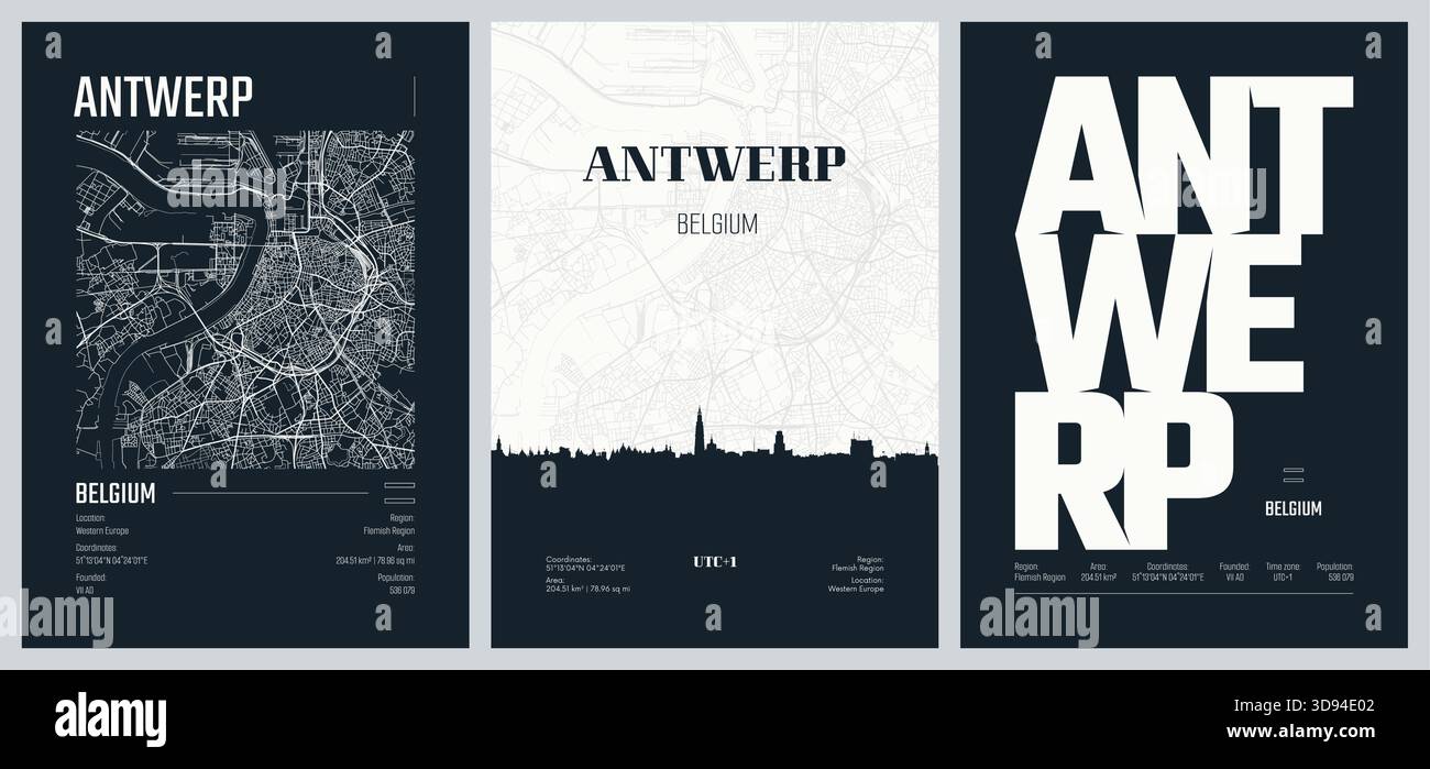 Ensemble d'affiches de voyage avec Anvers, plan de rue urbain détaillé de la ville, silhouette ville, illustration vectorielle, ensemble 2 Illustration de Vecteur