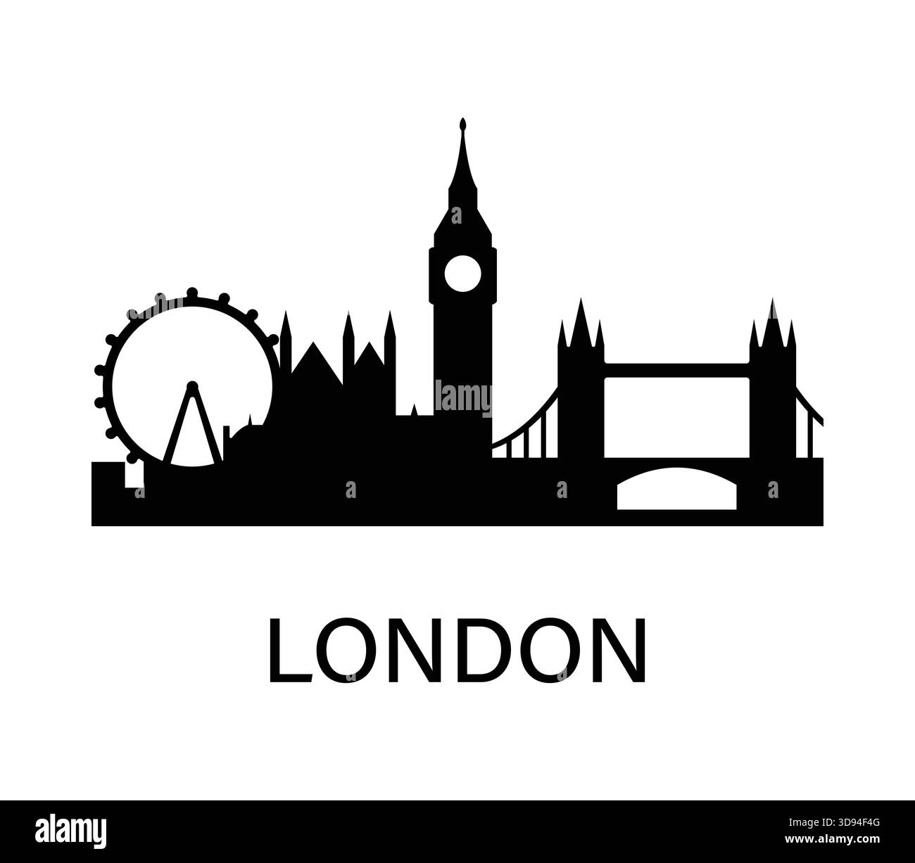 Silhouette d'horizon londonien. Big Ben, Tower Bridge et London Eye. Paysage urbain noir simple pour le voyage, l'infographie, le design. Illustration de Vecteur