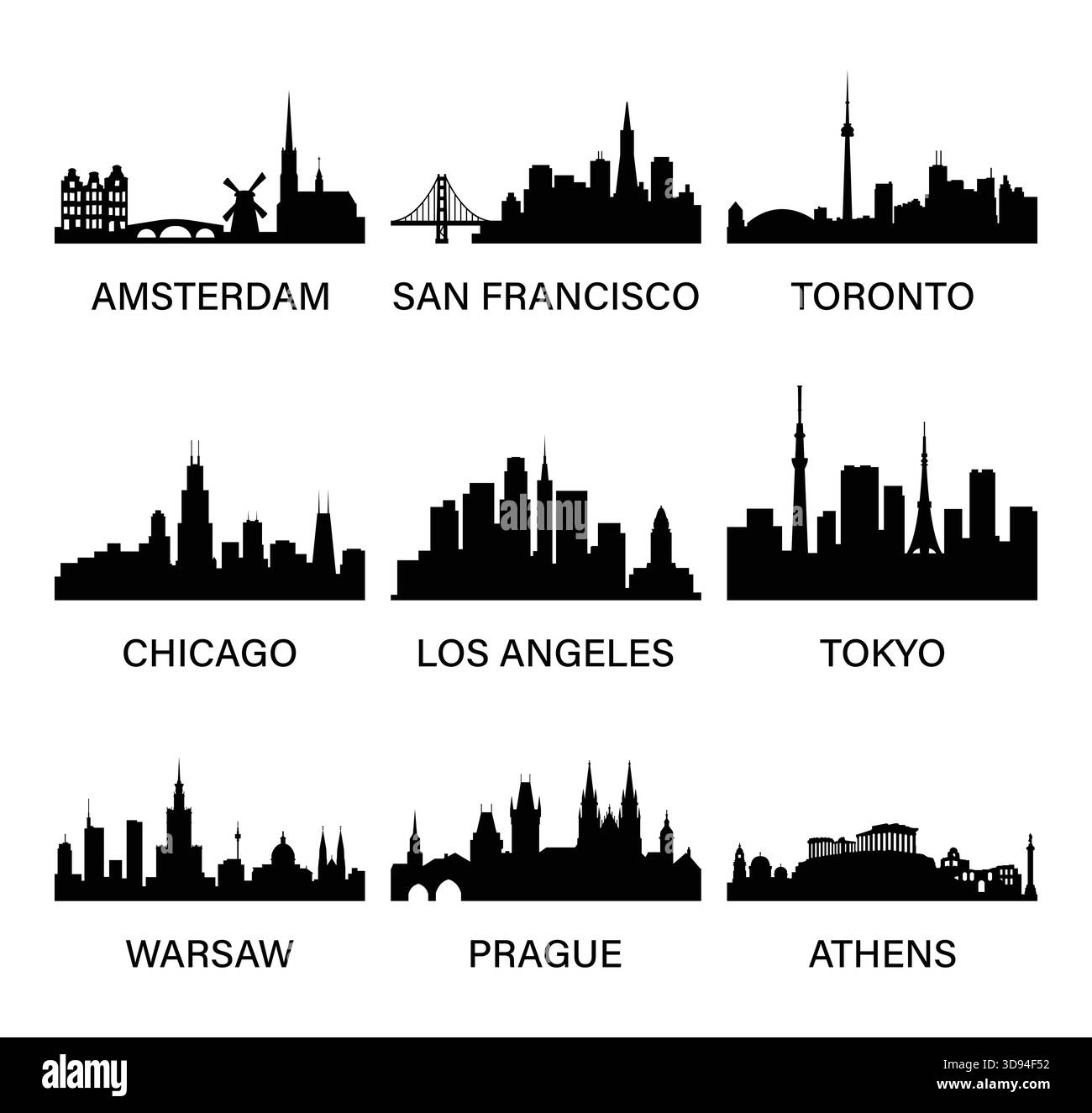 Silhouettes urbaines. Amsterdam, San Francisco, Toronto, Chicago, Los Angeles, Tokyo, Varsovie, Prague, Athènes. Illustration vectorielle. Illustration de Vecteur