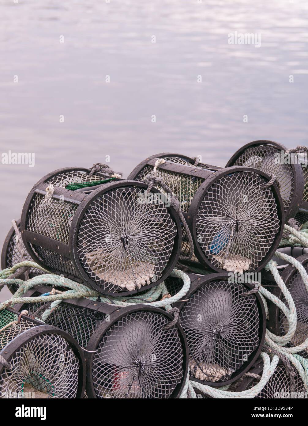 Gros plan de pièges à pêche en plastique noir et en maille, cordes et engins empilés sur un quai près de la mer Banque D'Images