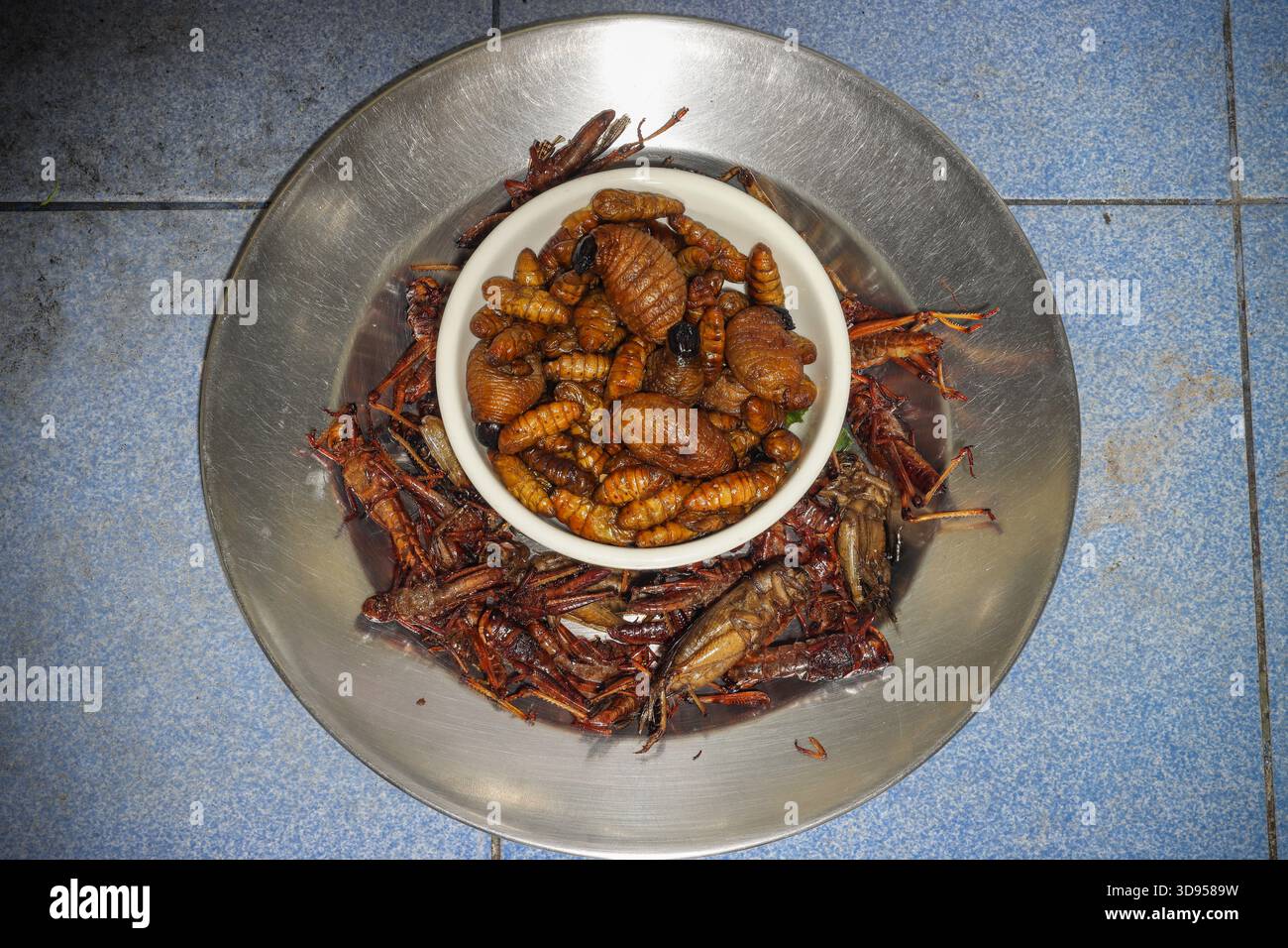Différents types d'insectes rôtis sur un plateau en métal et dans un bol pour le dîner sur une table de cuisine carrelée sale, gros plan. Banque D'Images