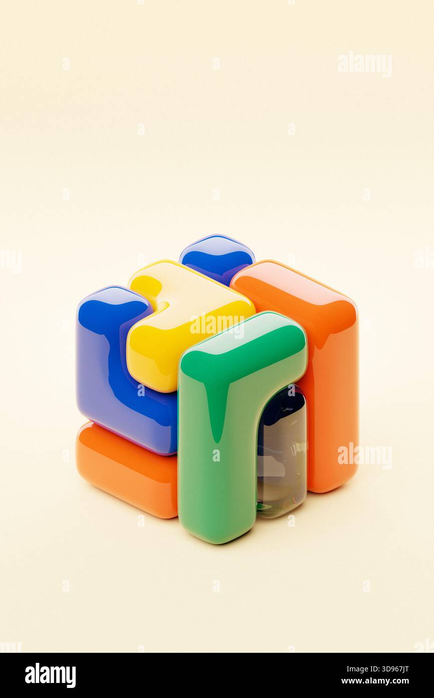 Cube 3D stylisé avec une palette de couleurs multiples, placé sur un fond rouge luxuriant, illustrant une forme abstraite numérique Banque D'Images