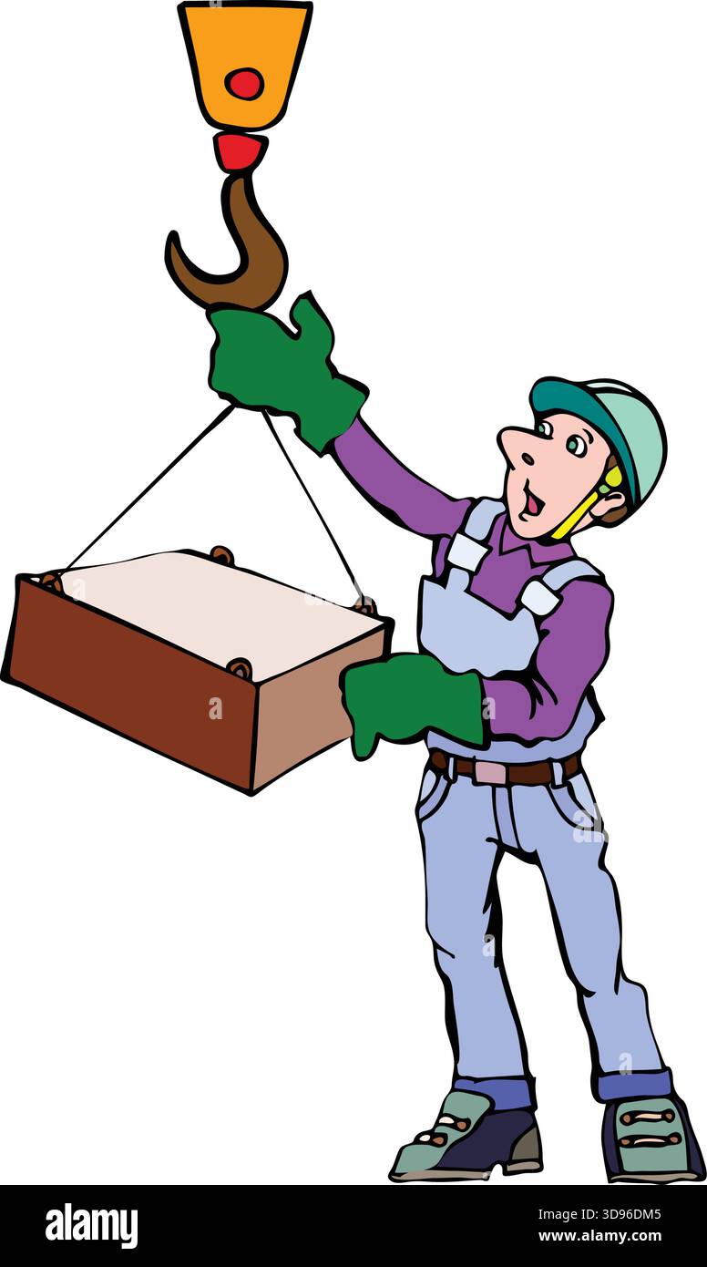Illustration d'un travailleur portant un casque et une chemise violette guidant une grue soulevant une caisse en bois Illustration de Vecteur
