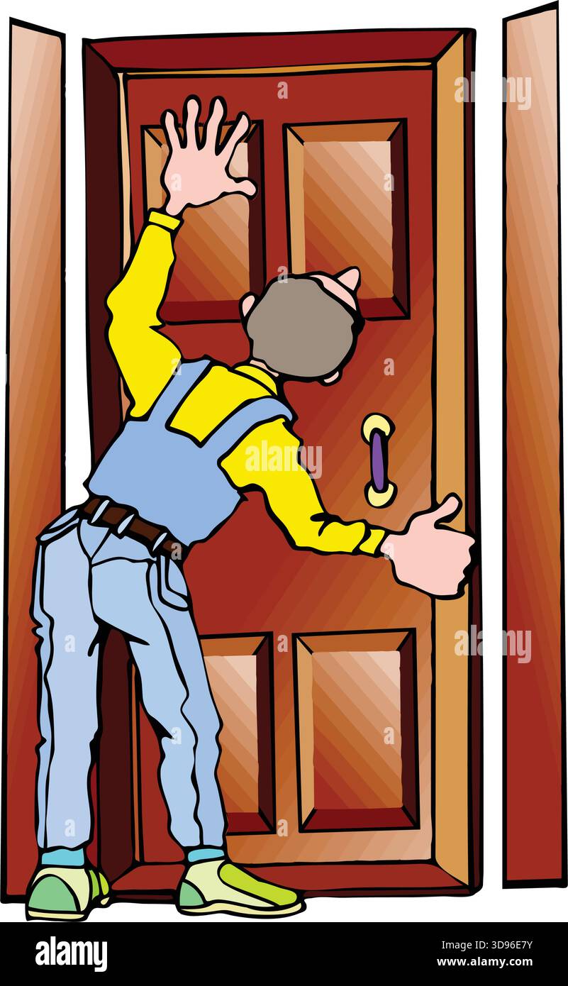 Une illustration d'un ouvrier en salopette bleue et une chemise jaune installant une porte en bois, donnant un pouce vers le haut Illustration de Vecteur